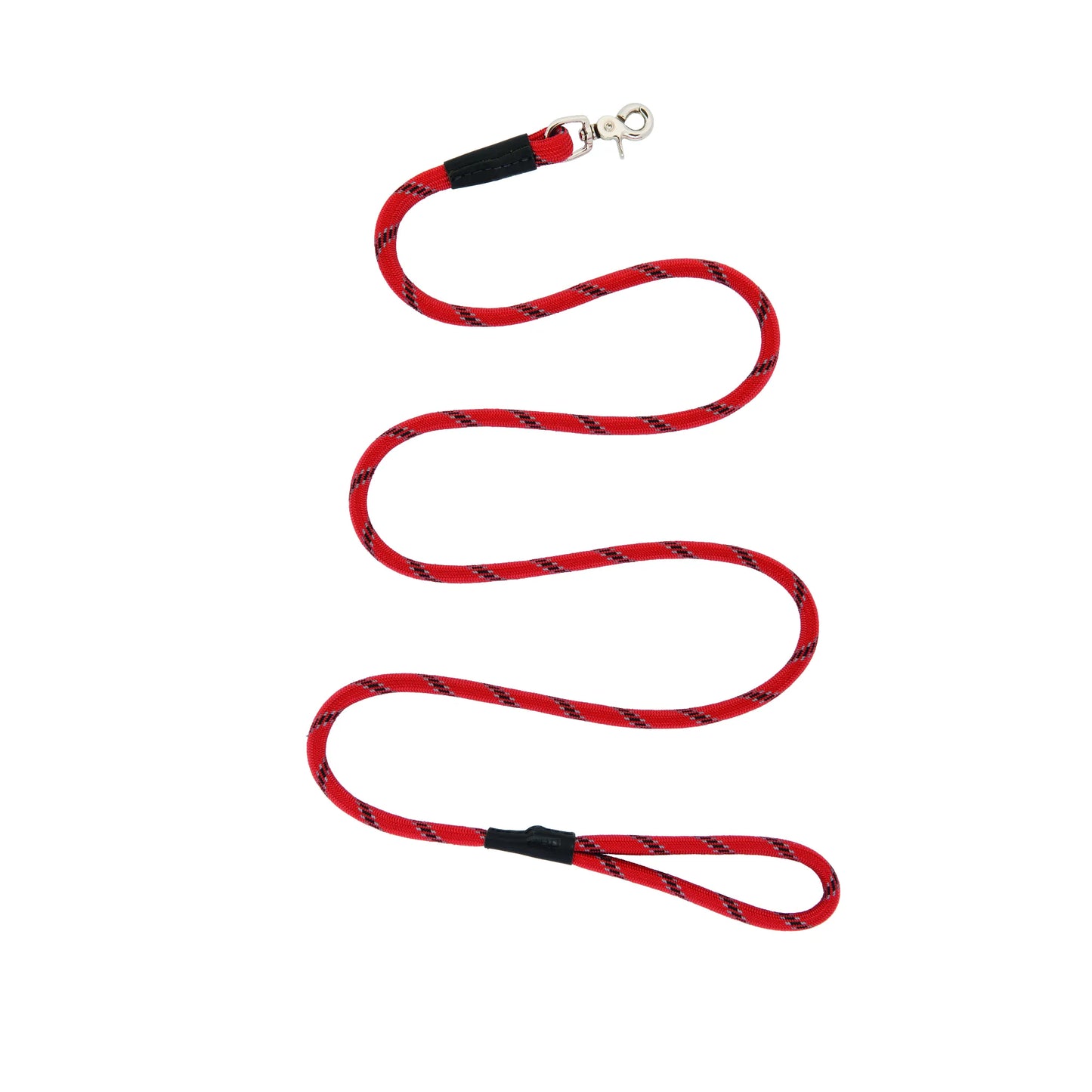 Durable Terrain D.O.G. red rope dog lead featuring black and grey tracers in a stylish climbing-rope design. This high-quality leash includes a heavy-duty silver swivel bolt snap and a comfortable handle loop with protective black sleeves. Perfect for active dogs and outdoor enthusiasts, this Made in USA rope leash offers strength and style for every walk or hike. An essential, long-lasting accessory for pet owners who value quality and durability.