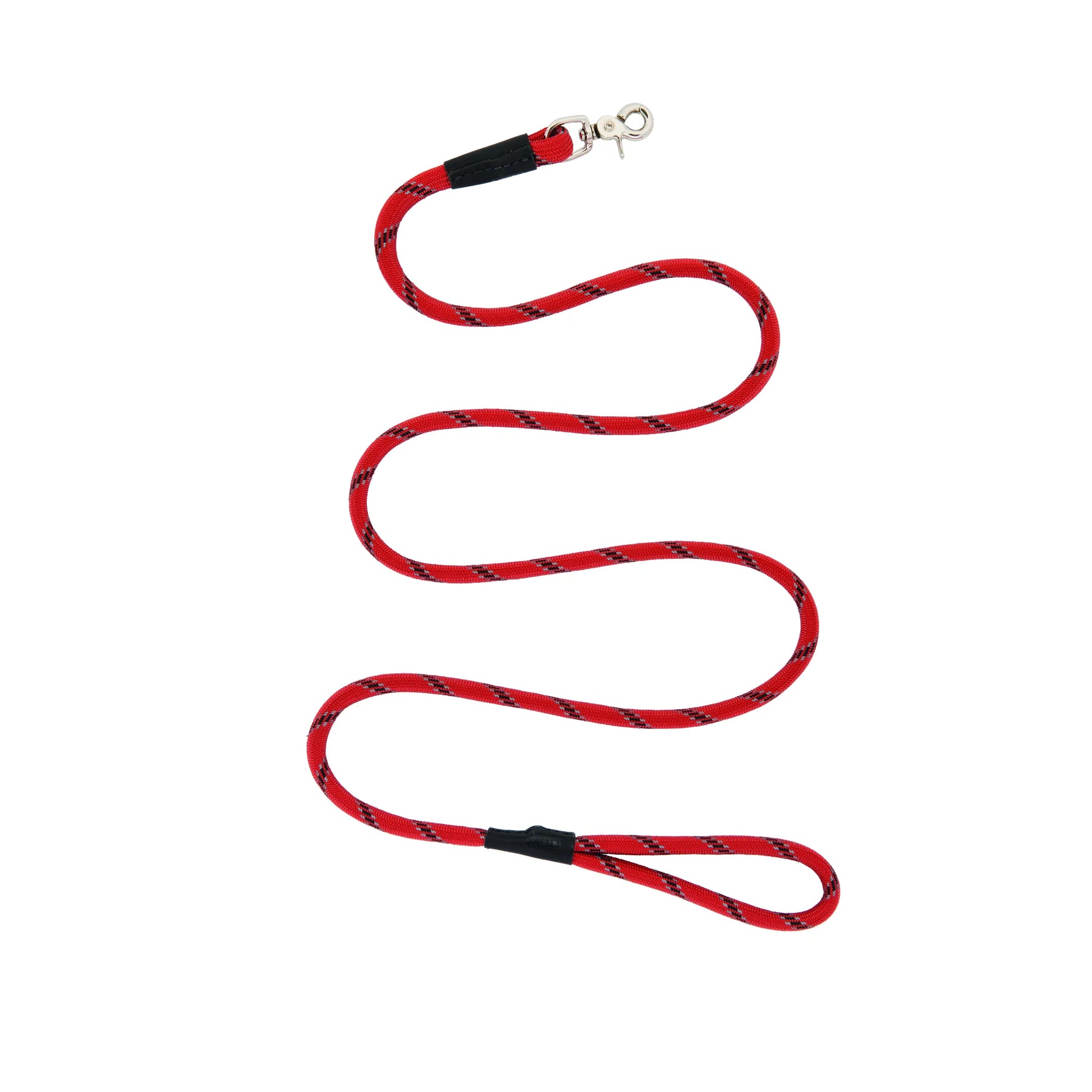 Durable Terrain D.O.G. red rope dog lead featuring black and grey tracers in a stylish climbing-rope design. This high-quality leash includes a heavy-duty silver swivel bolt snap and a comfortable handle loop with protective black sleeves. Perfect for active dogs and outdoor enthusiasts, this Made in USA rope leash offers strength and style for every walk or hike. An essential, long-lasting accessory for pet owners who value quality and durability.