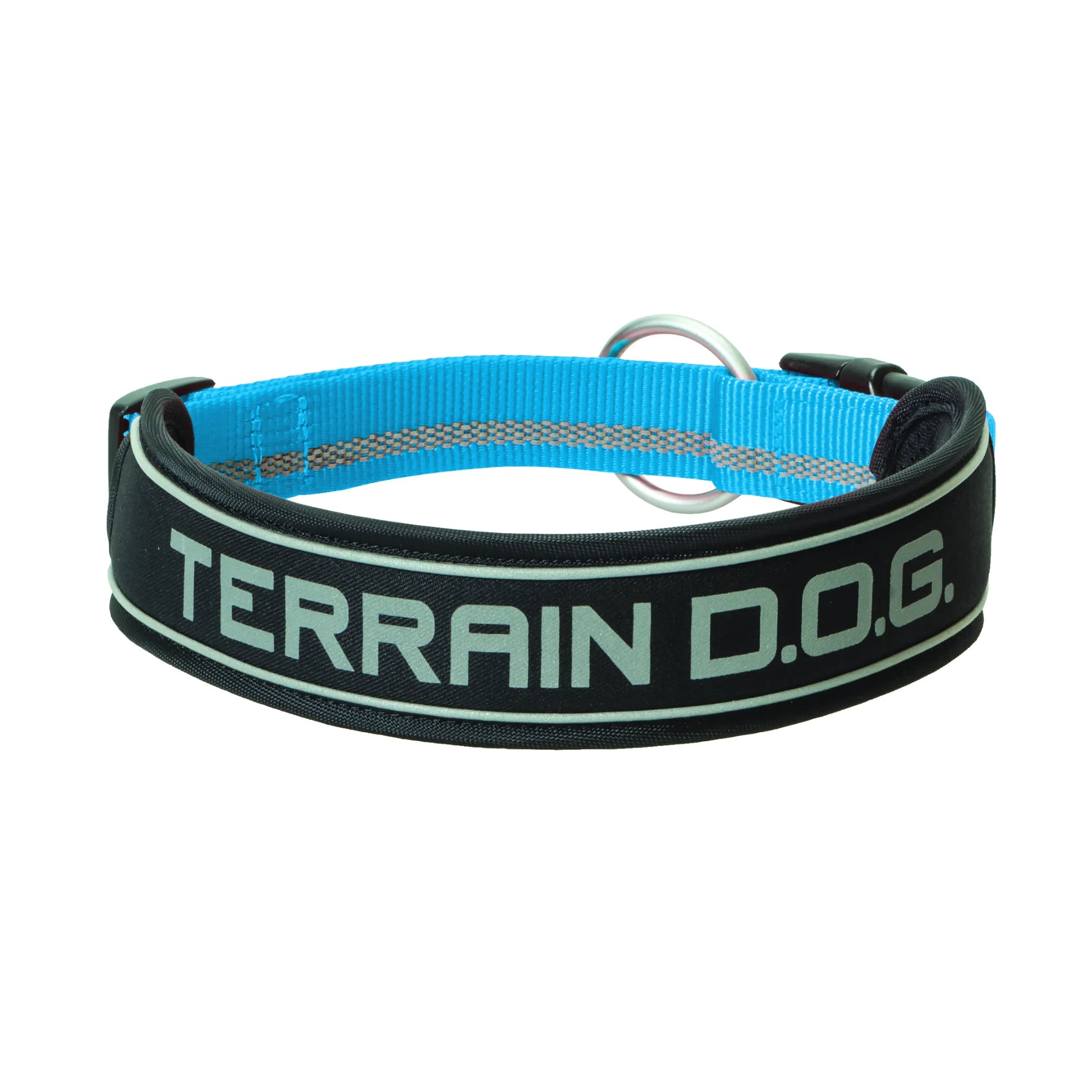 Terrain Padded Reflective Snap-n-Go Large Dog Collar in Black and Blue. Features bold "TERRAIN D.O.G." reflective lettering for high visibility. Includes a thick padded front for comfort, adjustable blue nylon webbing with reflective accents, a durable silver metal D-ring, and a secure black snap buckle. Ideal heavy-duty pet accessory for outdoor activities, hiking, and safe night walks with large breed dogs.