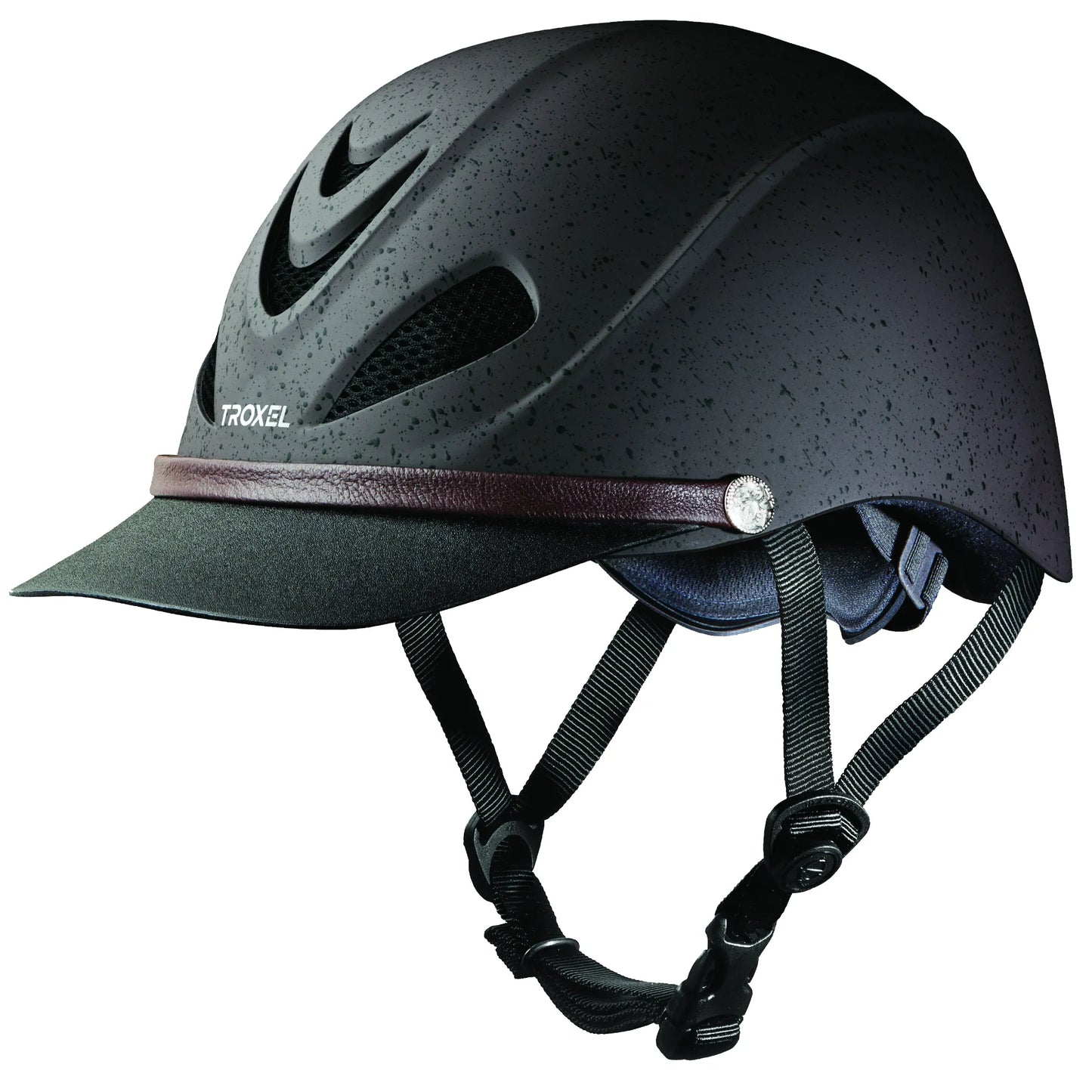 Troxel Dakota Western Riding Helmet in matte black with a textured granite finish. This lightweight, low-profile equestrian helmet features mesh-covered cooling vents, a stylish brown leather trim with a silver concho, and an adjustable chin strap for a secure fit. A perfect blend of safety and rugged Western style for trail riders and barrel racers seeking performance and comfort.
