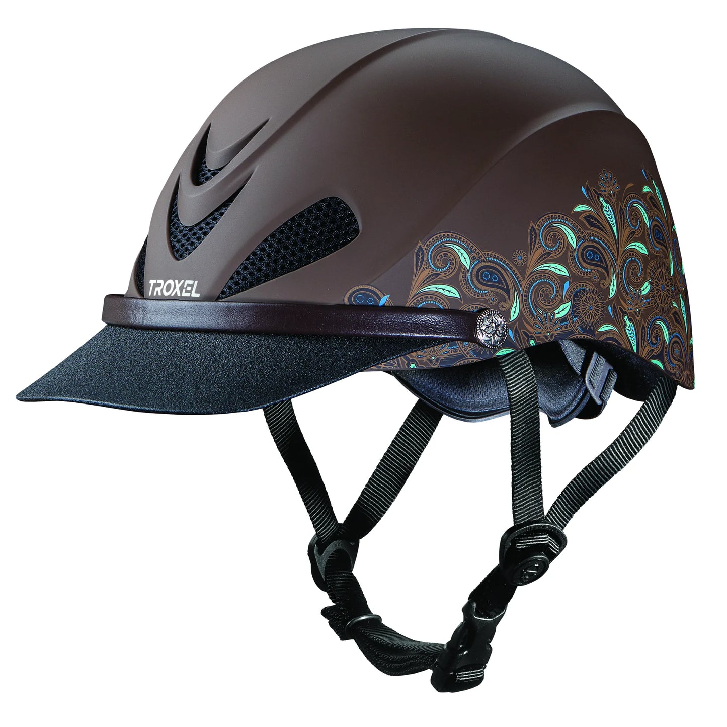 Troxel Dakota Western Riding Helmet in matte brown featuring an intricate teal and copper paisley scrollwork design. This low-profile equestrian safety helmet includes a wide sun visor, large mesh-covered vents for cooling airflow, and adjustable nylon straps. A stylish choice for trail riding and western barrel racing, blending high-performance safety with a unique cowgirl aesthetic.