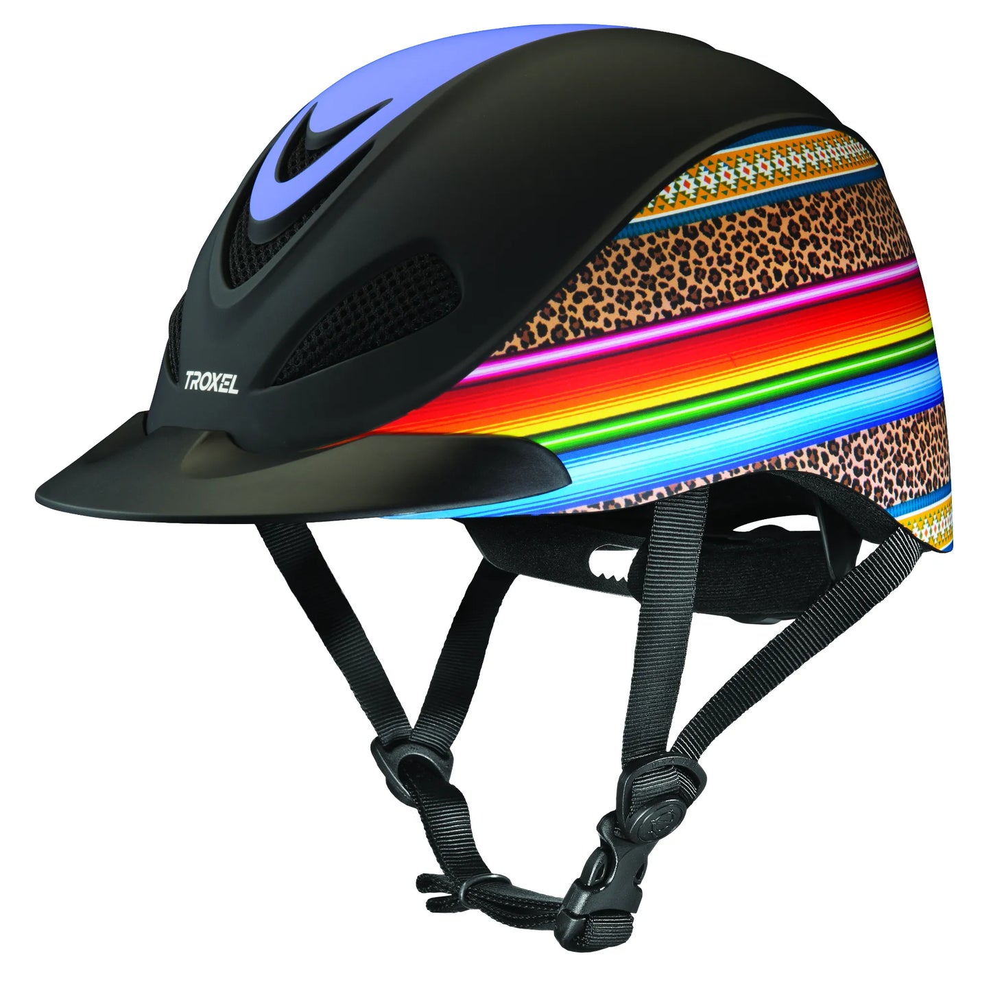 Troxel Dynasty equestrian riding helmet with a matte black shell and eye-catching side graphics featuring leopard print and colorful serape stripes. Designed for safety and style, it includes breathable mesh vents, a low-profile sun visor, and adjustable black chin straps. A must-have piece of horse riding gear for equestrians who want a blend of protective performance and a bold, fashionable look for trail riding or schooling.