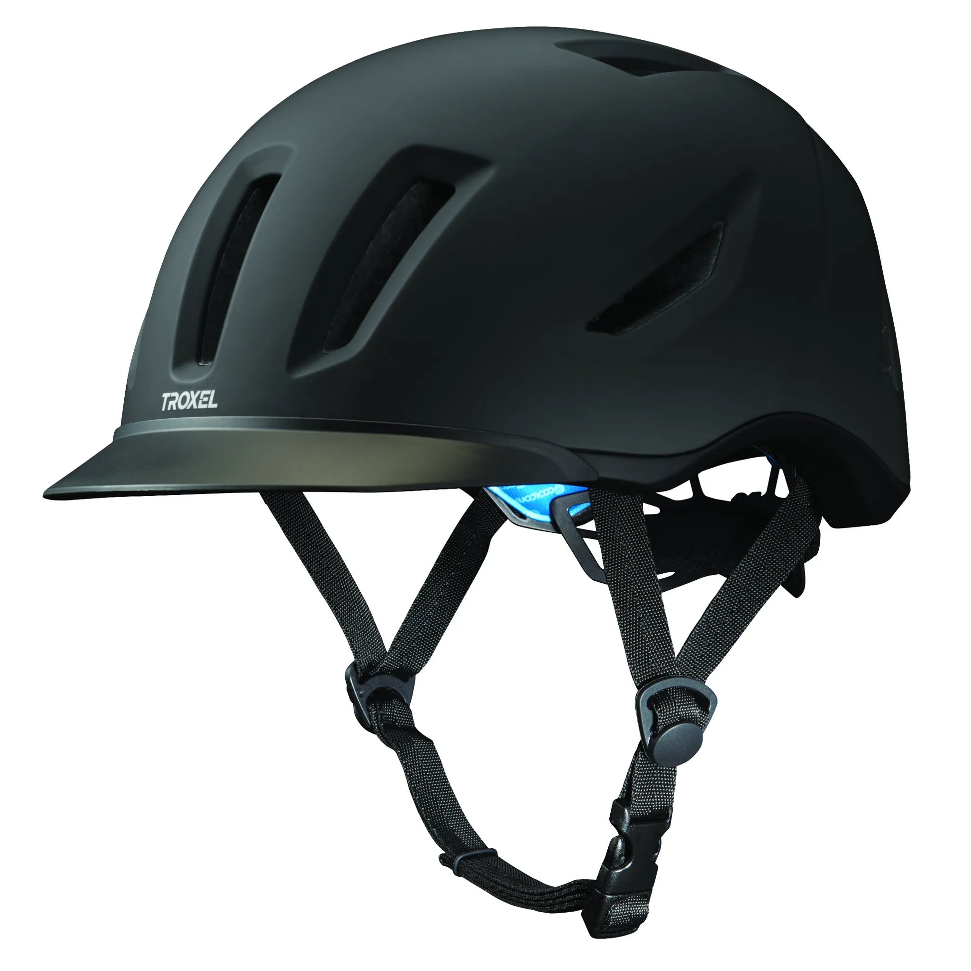 Troxel Terrain horse riding helmet in matte black, featuring a sleek low-profile design and large mesh-covered ventilation slots for superior cooling. This ASTM/SEI certified equestrian safety helmet includes an integrated visor and adjustable black chin straps with a secure buckle. Perfect for trail riding or schooling, this stylish and protective gear offers a comfortable, lightweight fit for all horse riders.