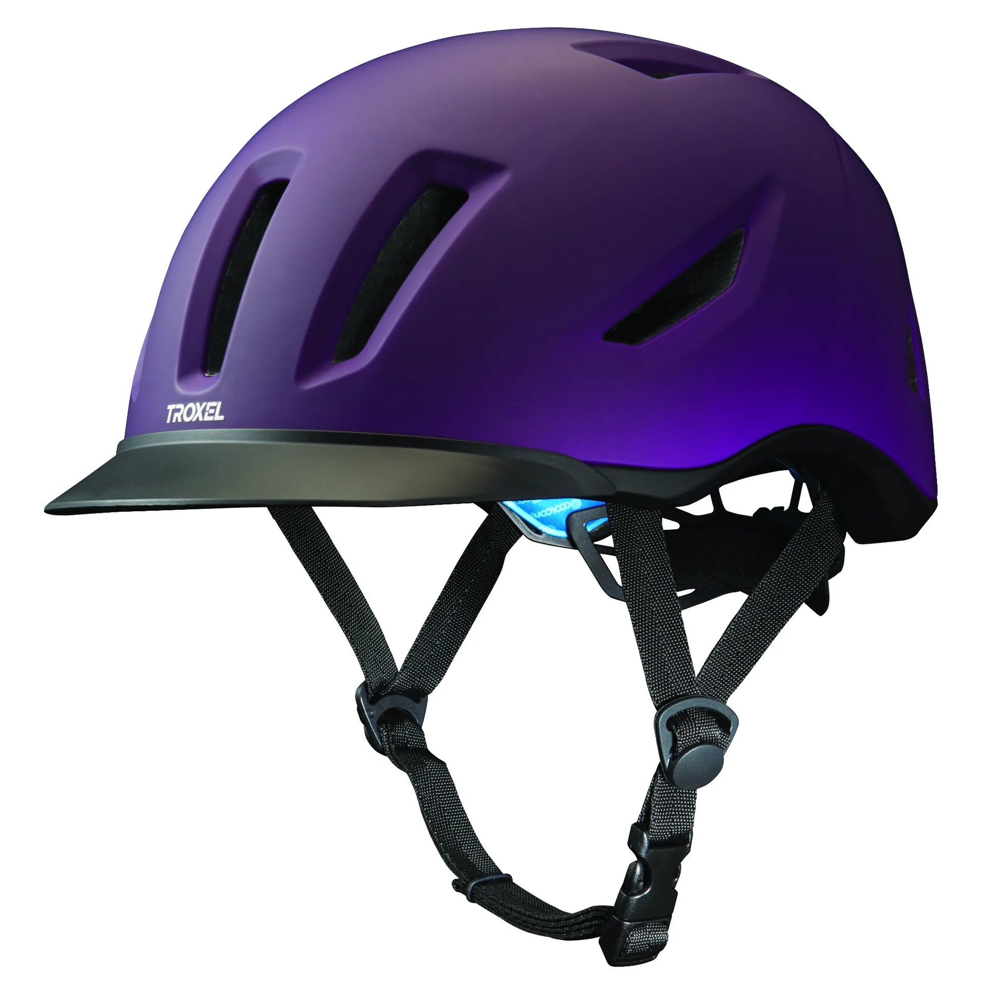 Troxel Terrain purple equestrian riding helmet featuring a sleek, low-profile design with multiple ventilation ports for airflow. This stylish matte purple horse safety helmet includes a durable black visor and an adjustable nylon chin strap with a secure buckle for a customized fit. Perfect for trail or arena riding, combining comfort and protection in a modern equine safety essential.