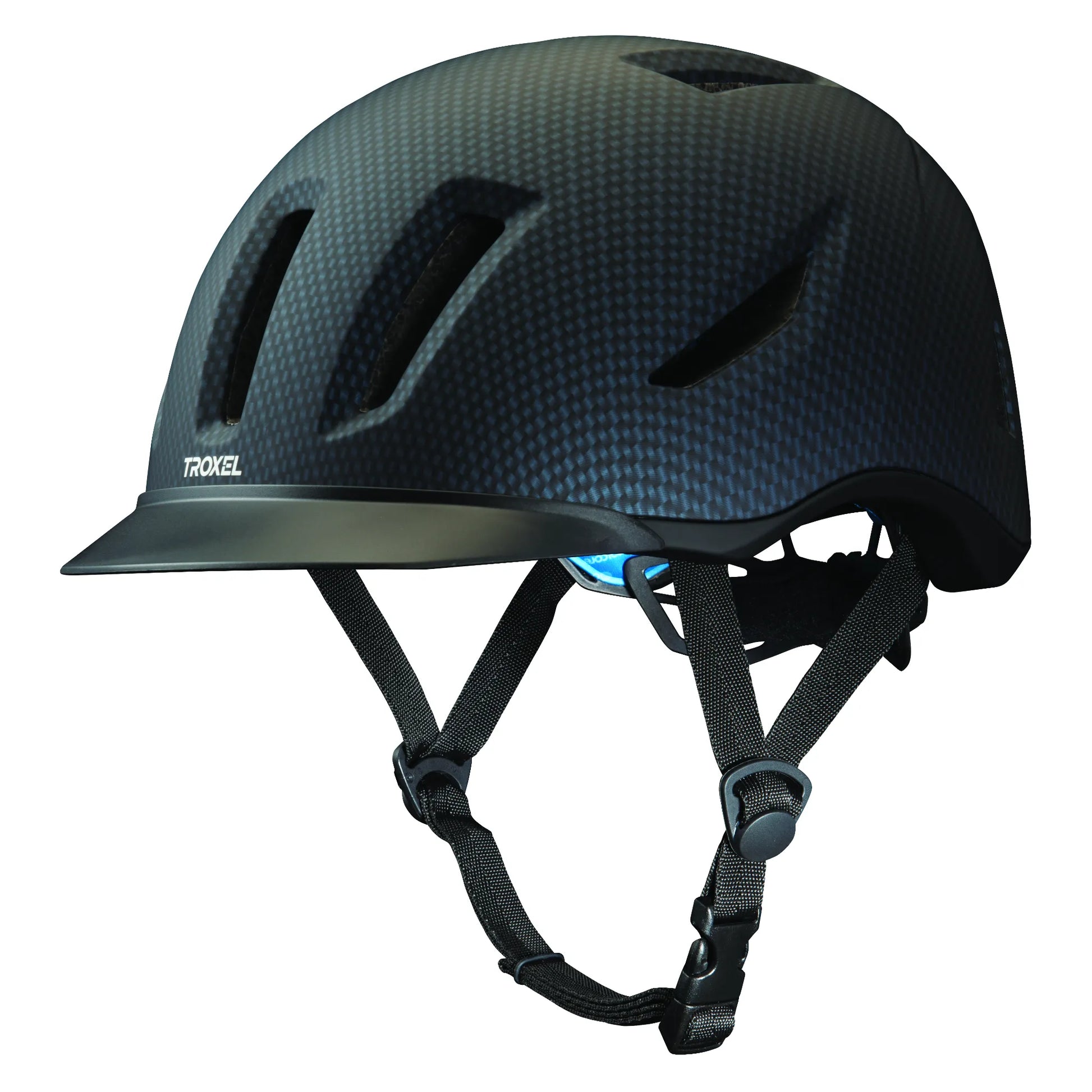 Troxel Riding Helmet Terrain featuring a sleek, low-profile design with a dark carbon fiber pattern. This equestrian safety helmet includes high-flow cooling vents, a matte black visor, and an adjustable nylon chin strap for a secure, comfortable fit. Ideal for horse riding, trail schooling, and competitive equestrian sports.