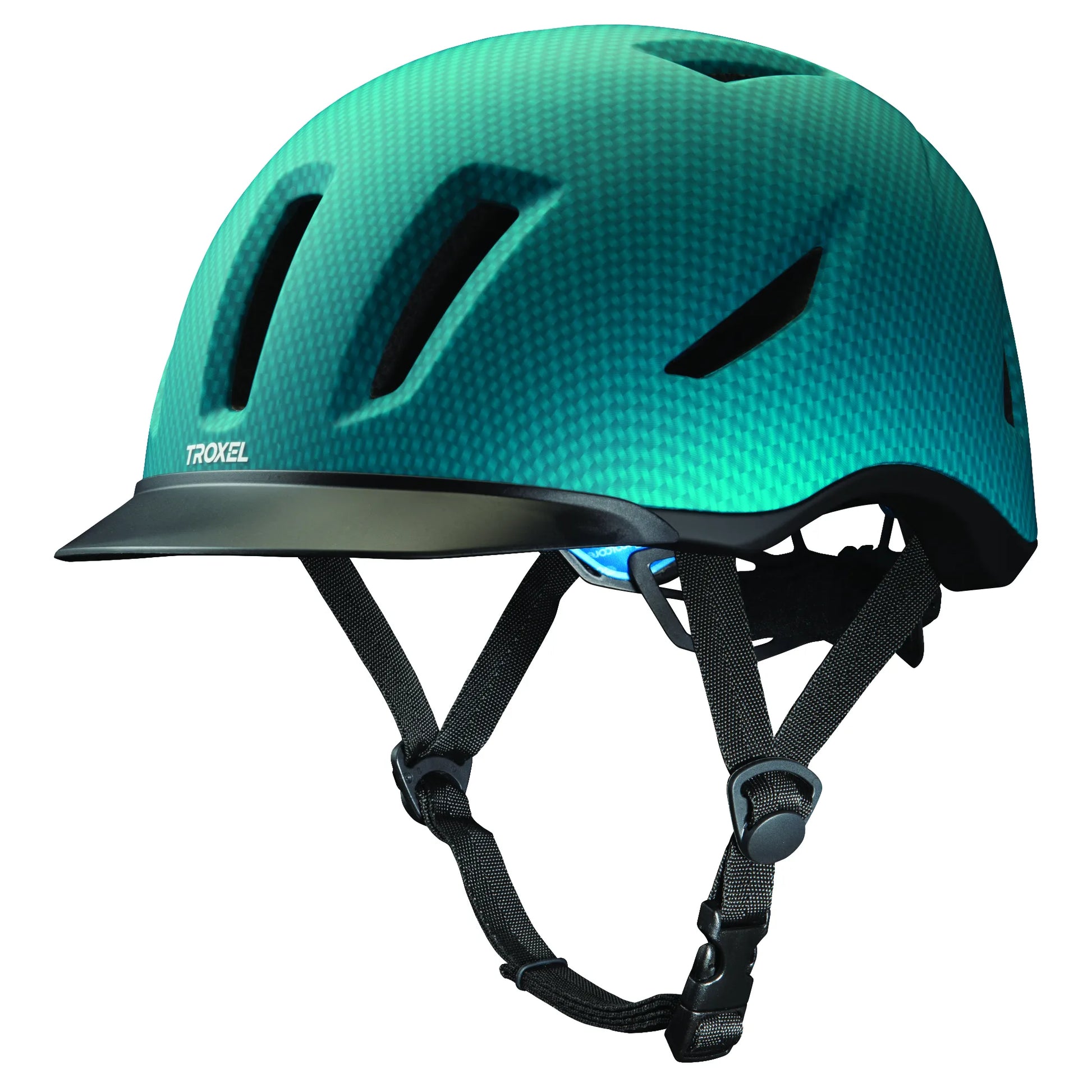 Teal green Troxel Terrain riding helmet with a textured carbon fiber pattern. This low-profile equestrian safety helmet features a black sun visor, multiple airflow vents for cooling, and adjustable black chin straps. A stylish and protective choice for horseback riders, this equine headgear combines a modern design with lightweight comfort, making it perfect for trail riding or horse schooling.