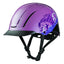 Troxel Spirit Low Profile Western Riding Helmet in a metallic purple finish with a stylish blue and purple horse graphic. This equestrian safety helmet features a low-profile design, integrated cooling vents, a matte black sun visor, and adjustable black chin straps for a secure, comfortable fit. Perfect for trail riders and western equestrians seeking a blend of safety and style.