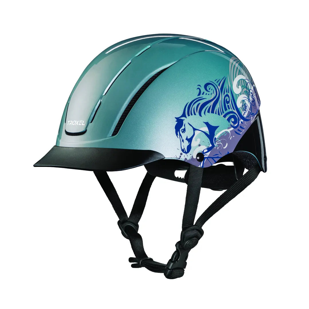 Troxel Spirit Low Profile Western Riding Helmet in a metallic teal finish featuring a stylized blue and purple horse graphic with swirling artistic patterns. This equestrian safety gear includes a black sun visor, mesh-covered ventilation slots for breathability, and an adjustable black chin strap with a quick-release buckle. Perfect for style-conscious riders, this helmet combines a sleek, low-profile silhouette with reliable ASTM/SEI certified protection.