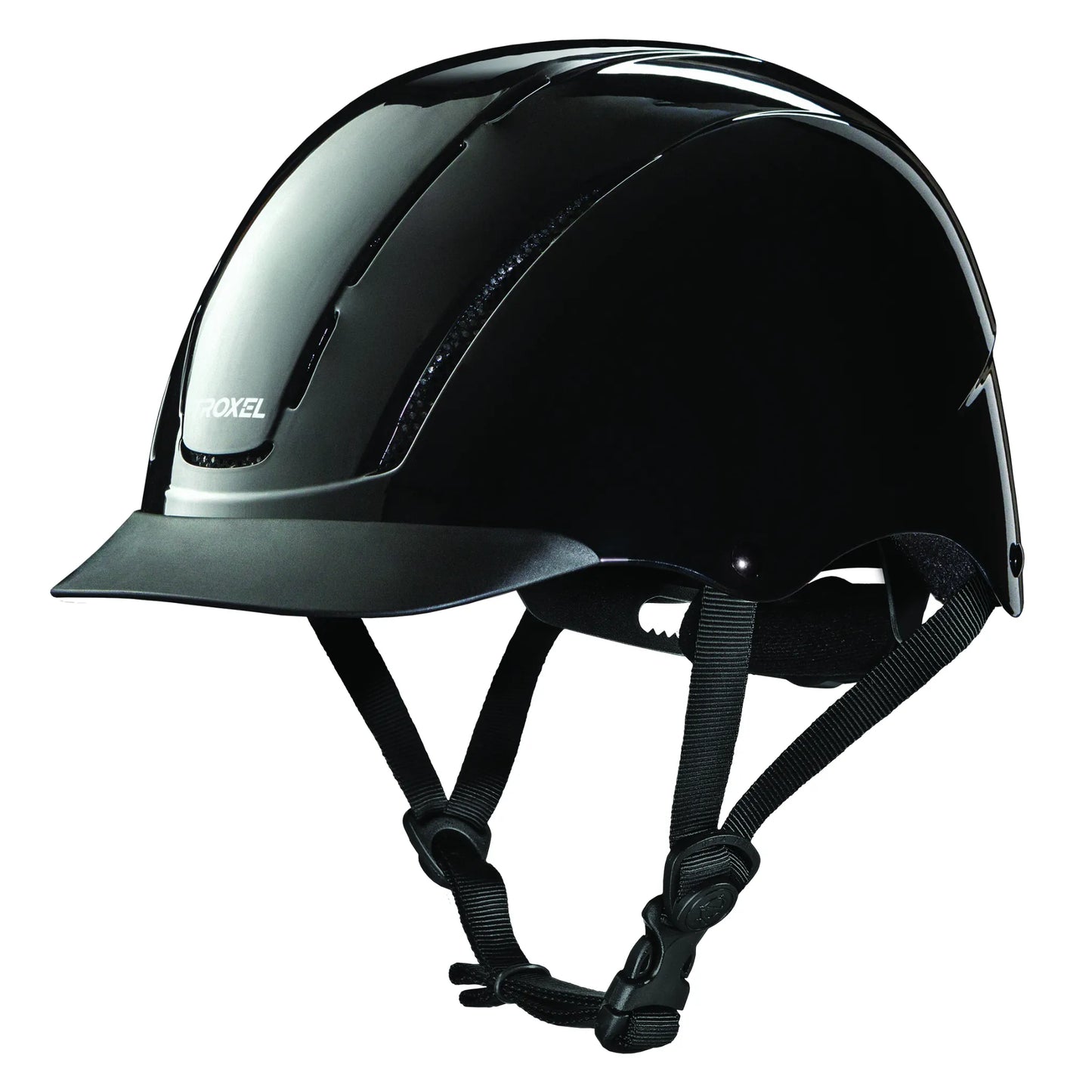 Glossy black Troxel Spirit Low Profile Western Riding Helmet featuring a sleek, slim design and a matte black visor. This equestrian safety gear includes strategically placed ventilation ports for cooling airflow and adjustable chin straps with a secure buckle. Ideal for horse riding enthusiasts seeking a blend of high-performance protection and classic style in their riding apparel.