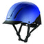 Troxel Spirit Low Profile Western Riding Helmet in matte cobalt blue. This lightweight equestrian safety gear features mesh-covered ventilation slots for cooling, a black sun visor, and a secure adjustable chin strap. A stylish and protective choice for horse riding, schooling, and trail riding, offering a sleek look and high-performance safety for riders of all levels.