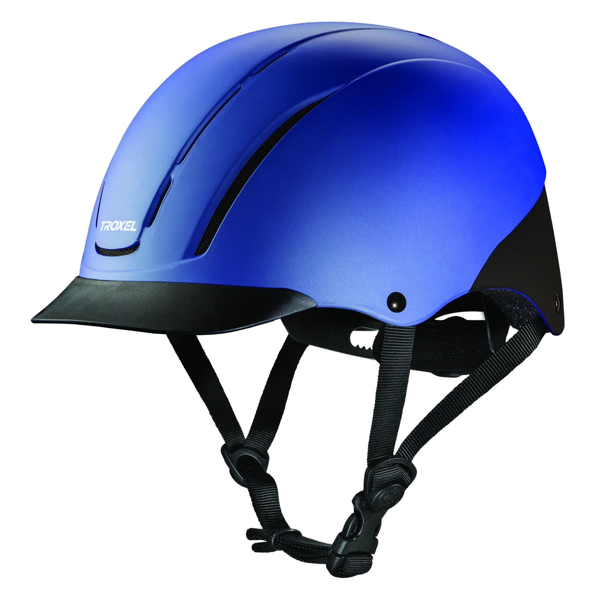 Troxel Spirit Low Profile Western Riding Helmet in a vibrant matte cobalt blue with a black visor. Designed for safety and style, this lightweight equestrian helmet features mesh-covered ventilation ports for maximum airflow and an adjustable black chin strap for a secure fit. A sleek, modern choice for horseback riders seeking reliable protection and comfort during trail rides or schooling sessions.