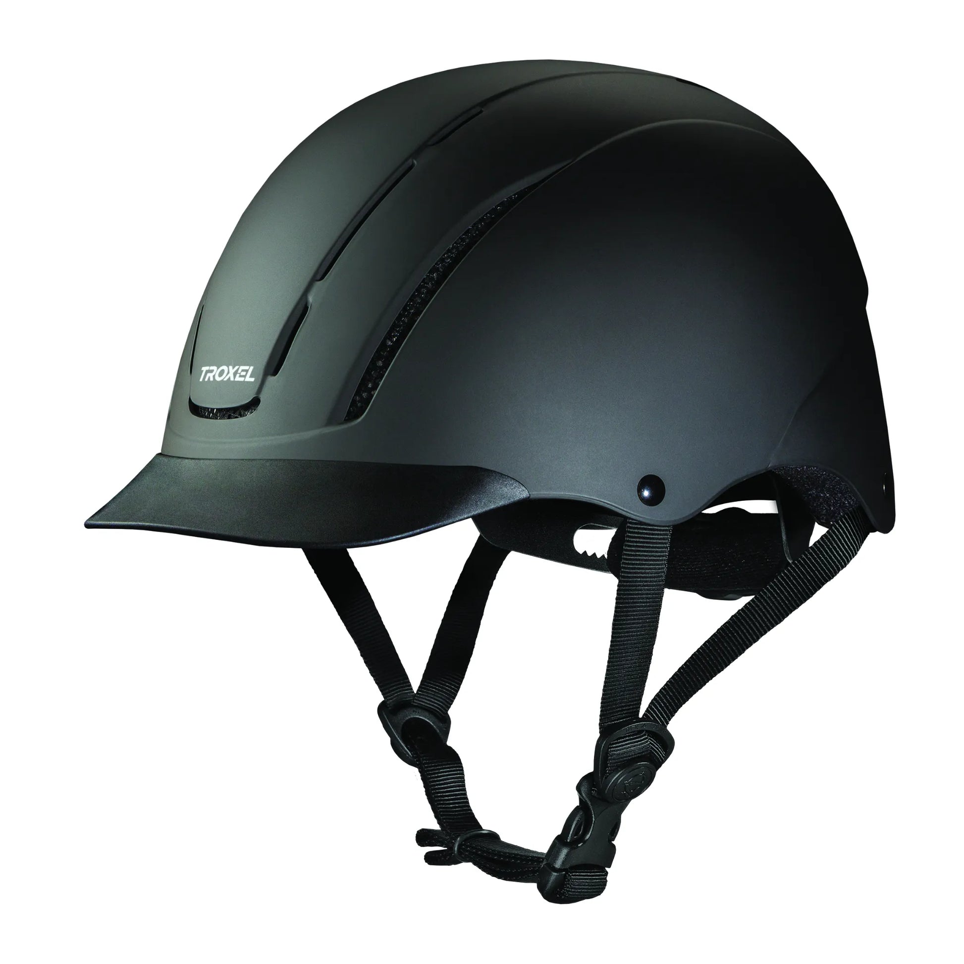 Matte black Troxel Spirit Low Profile Western Riding Helmet, a stylish and breathable equestrian safety gear choice. Features mesh-covered ventilation ports, a flexible sun visor, and a sleek, low-profile design. This durable horseback riding helmet includes a secure, adjustable chin strap with a quick-release buckle. Ideal for western riding, schooling, and trail rides, offering a perfect blend of modern style and certified head protection.