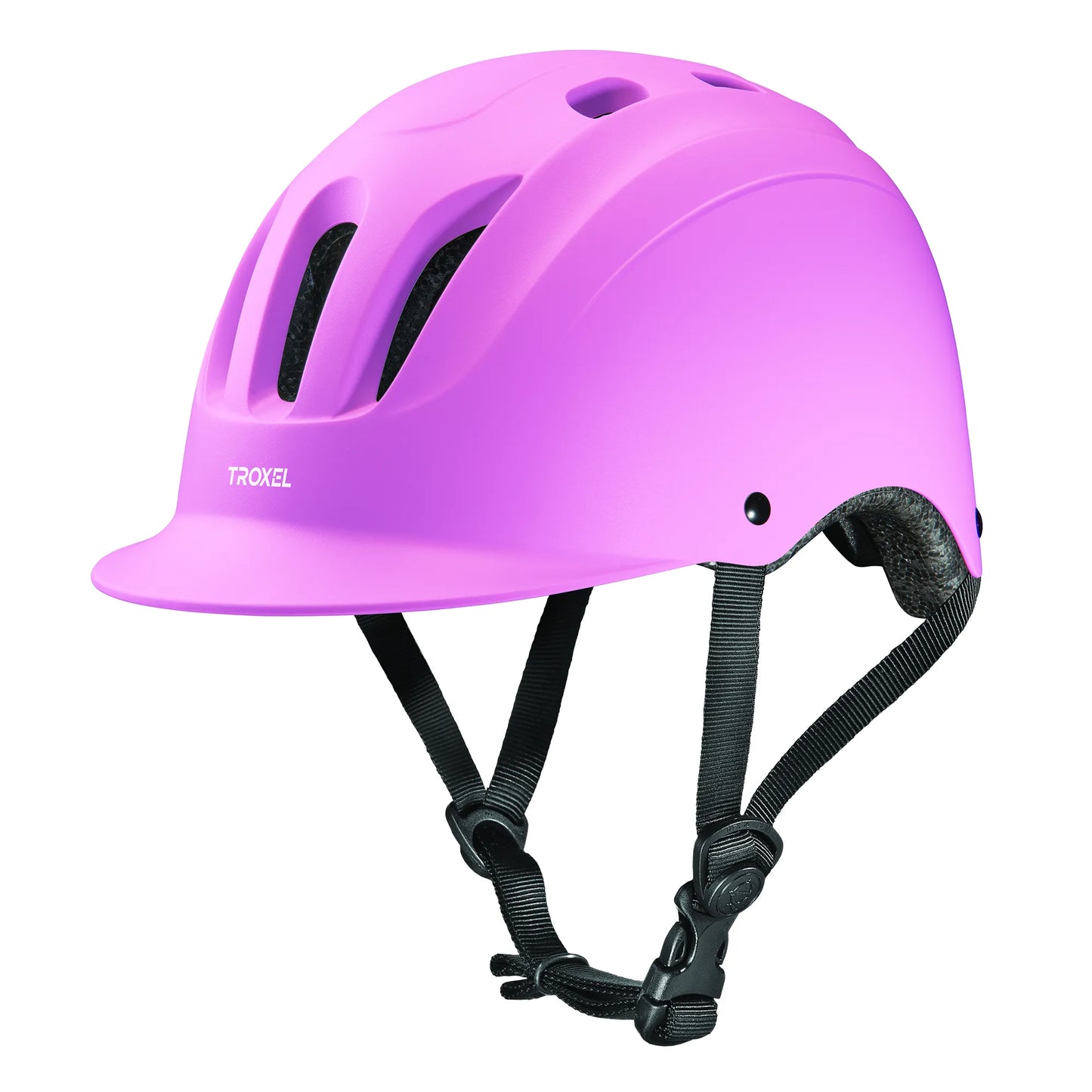 Lavender Troxel Sport 2.0 Horse Riding Helmet featuring a sleek, low-profile design. This lightweight equestrian helmet includes front and top ventilation for maximum airflow, a durable finish, and an adjustable black chin strap with a secure buckle. Ideal protective headgear for western and English riders, combining safety with a vibrant purple-pink style. Perfect for schooling and trail riding.