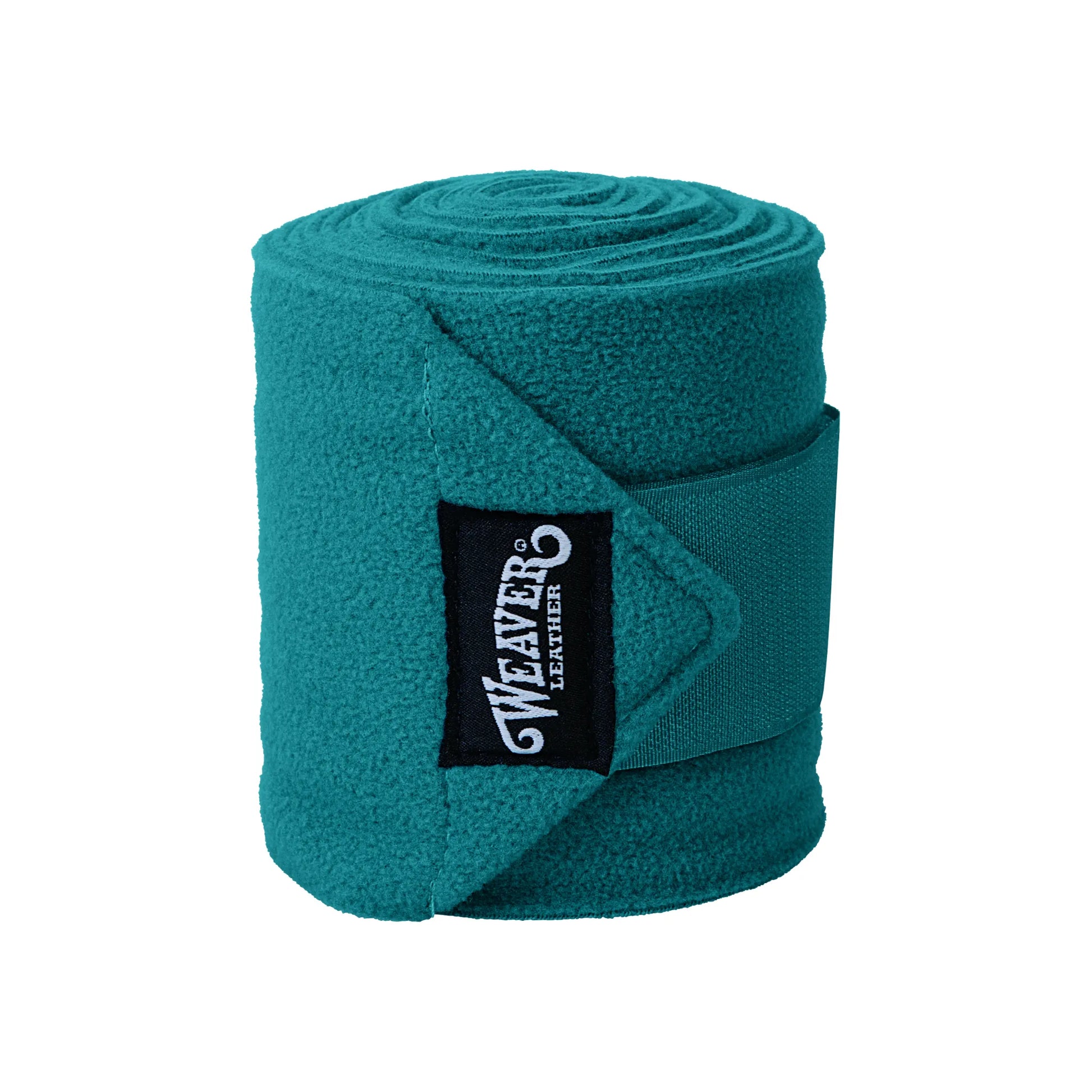 Weaver Leather Turquoise Polo Leg Wraps for horses, set of 4. High-quality teal fleece leg support featuring a secure hook and loop closure and a classic black Weaver logo patch. Ideal for equestrian training and exercise, these protective wraps provide comfort and essential support with a stylish, vibrant finish for your horse's legs.