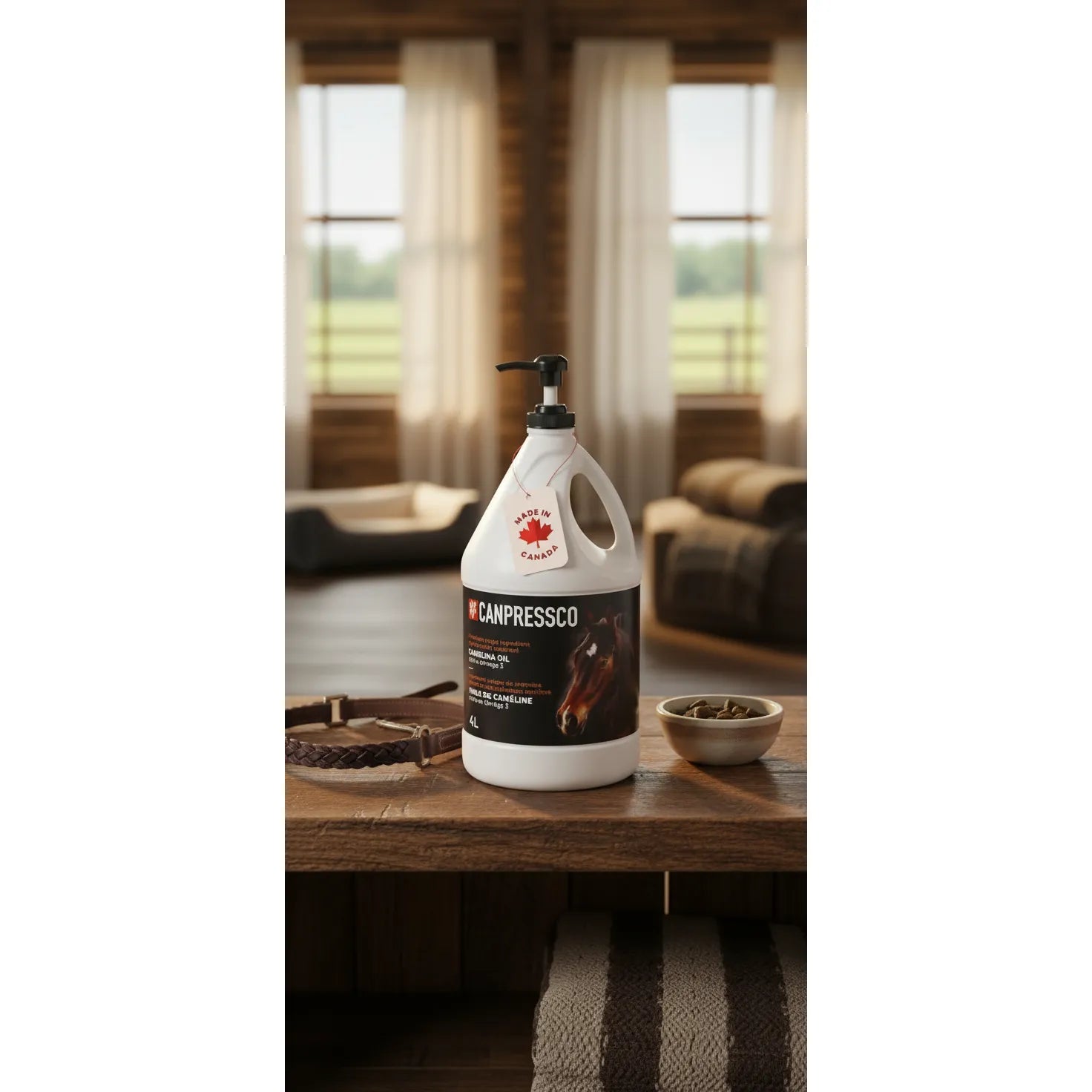 Canpressco Camelina Oil for Pets in a white 4L jug with a black pump, displayed on a rustic wooden table with a leather pet collar and bowl of kibble. This Omega 3-6-9 supplement for joint, coat, and skin health features a red "Made in Canada" tag and a label with a horse. A premium natural health booster for pets, set against a warm, sunlit interior background perfect for health-conscious pet owners.