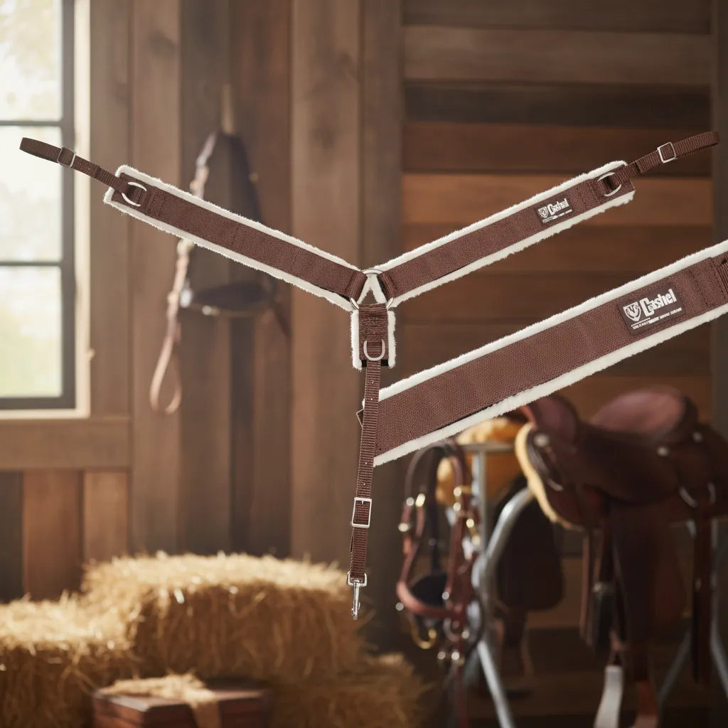 Cashel 1-inch Fleece Breastcollar BC100-BRN in brown nylon with plush white removable fleece padding. This high-quality horse tack features adjustable 3/4-inch straps and heavy-duty D-rings for a secure fit. Designed for comfort and durability, it’s shown in a rustic stable setting, making it perfect for western or trail riding. Ideal equestrian gear for an average horse size, providing style and anti-chafing protection.