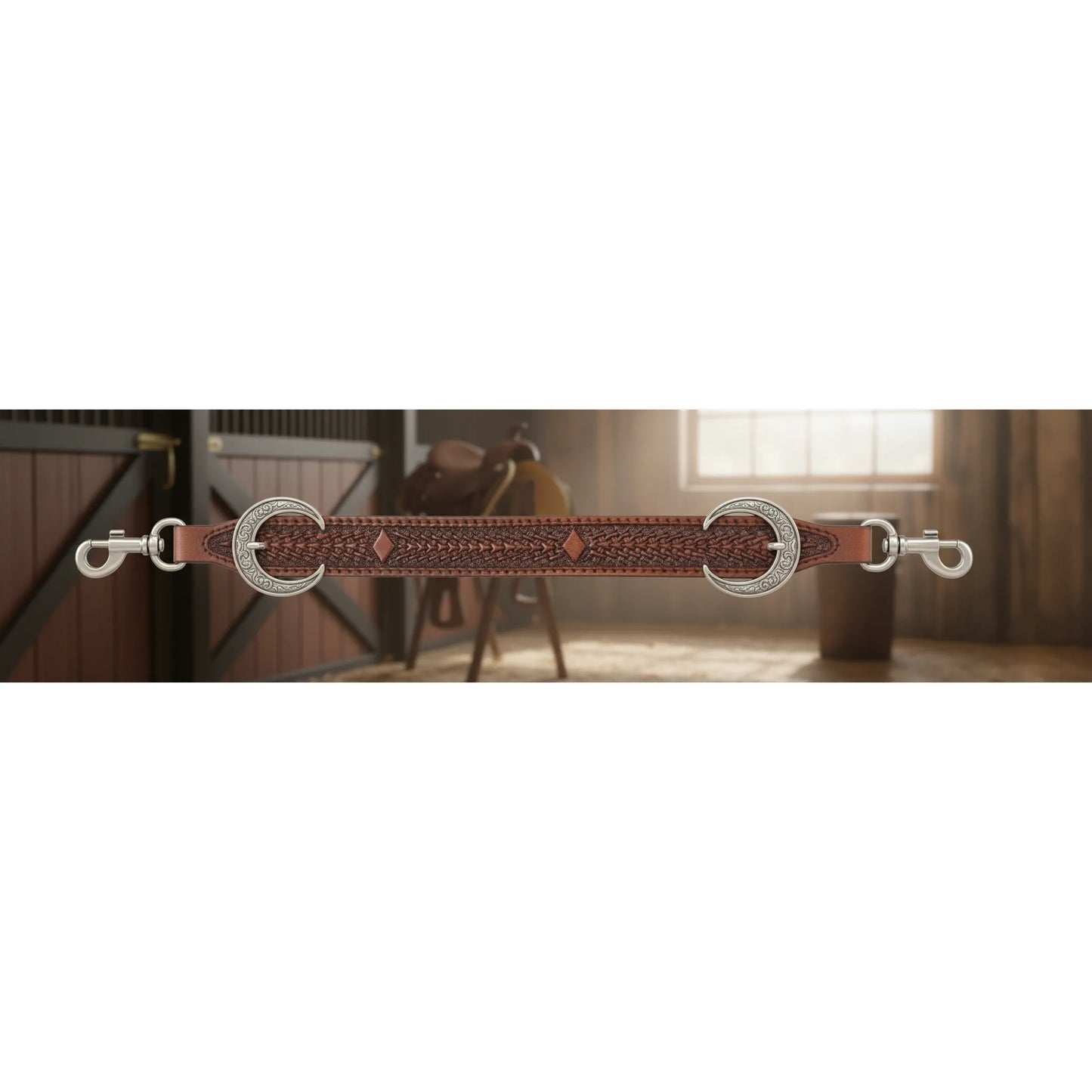 Cashel Antique Diamond Wither Strap in premium chestnut leather featuring intricate hand-tooled diamond patterns. This western horse tack accessory includes ornate, crescent moon-shaped silver buckles with floral engravings and durable silver swivel snap hooks at each end. Designed for breastcollar support, it's a stylish and functional piece of equestrian gear, perfect for western riding, barrel racing, and ranch work.