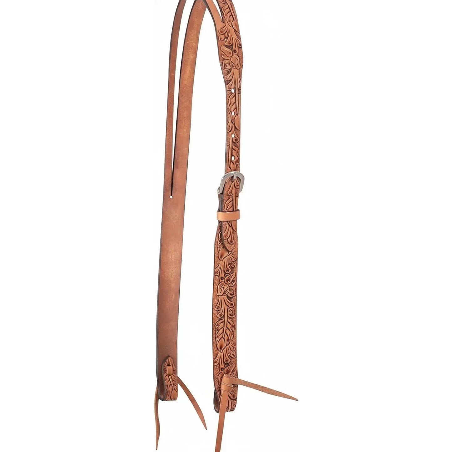 Cashel Antique Leaf Slit Ear Headstall in Natural Skirting leather. This premium Western horse headstall showcases intricate hand-tooled leaf patterns on high-quality skirting leather. Featuring a simple slit ear design, stainless steel hardware, and tie bit ends, it combines classic style with rugged durability. Perfect for western riders looking for elegant yet functional horse tack for shows or trail riding.