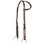 Cashel Beaded Slip Ear Headstall in rich chocolate brown leather, featuring intricate white and red geometric beadwork on the ear loop and cheek piece. This high-quality Western horse headstall includes adjustable stainless steel buckles and classic tie-end bit attachments for a secure fit. A perfect blend of style and durability for trail riding or competition.