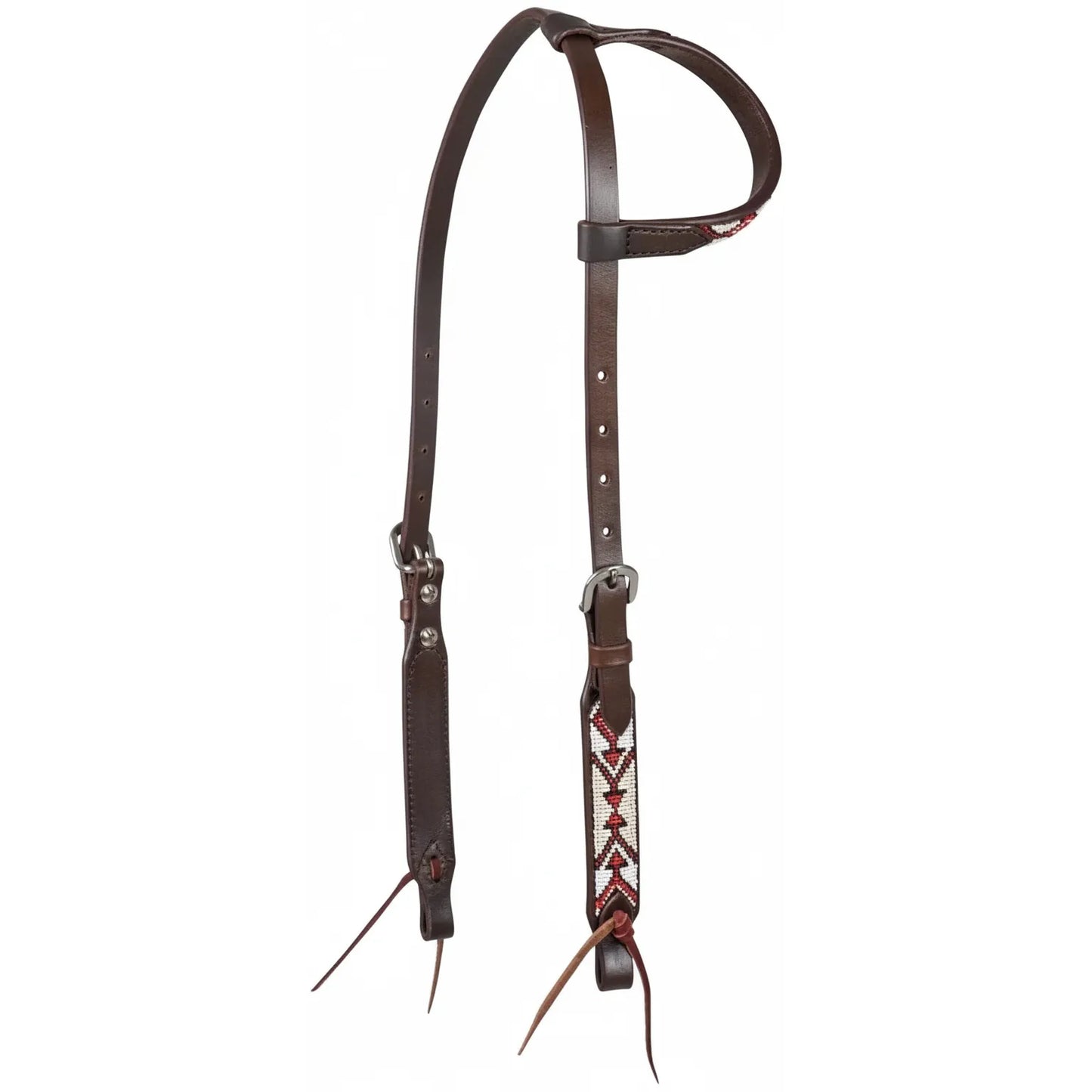 Cashel Beaded Slip Ear Headstall in rich chocolate brown leather, featuring intricate white and red geometric beadwork on the ear loop and cheek piece. This high-quality Western horse headstall includes adjustable stainless steel buckles and classic tie-end bit attachments for a secure fit. A perfect blend of style and durability for trail riding or competition.