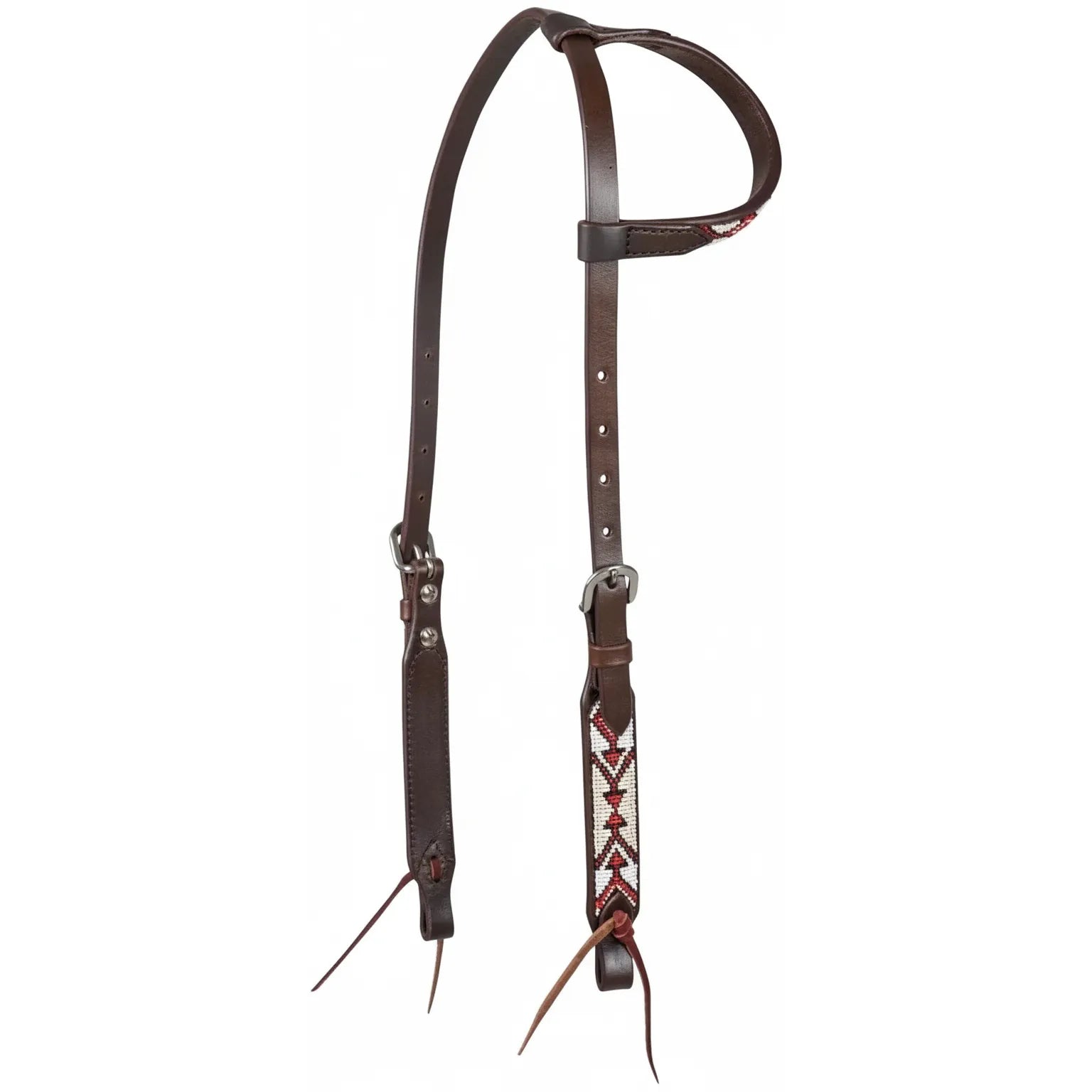 Cashel Beaded Slip Ear Headstall in rich chocolate brown leather, featuring intricate white and red geometric beadwork on the ear loop and cheek piece. This high-quality Western horse headstall includes adjustable stainless steel buckles and classic tie-end bit attachments for a secure fit. A perfect blend of style and durability for trail riding or competition.