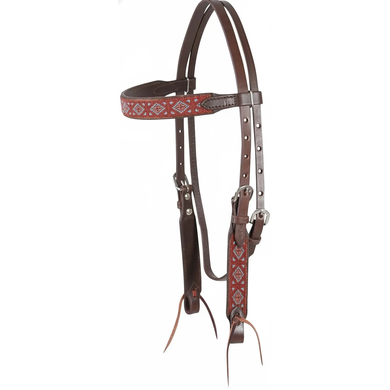 Cashel Beaded Turquoise Browband Headstall crafted from premium chocolate brown leather. This Western horse bridle features intricate turquoise and red diamond pattern beadwork on the browband and cheekpieces. Designed with durable stainless steel buckles and leather tie bit ends, this elegant headstall is perfect for trail riding, horse shows, or everyday equestrian use. A stylish and functional addition to any Western horse tack collection.