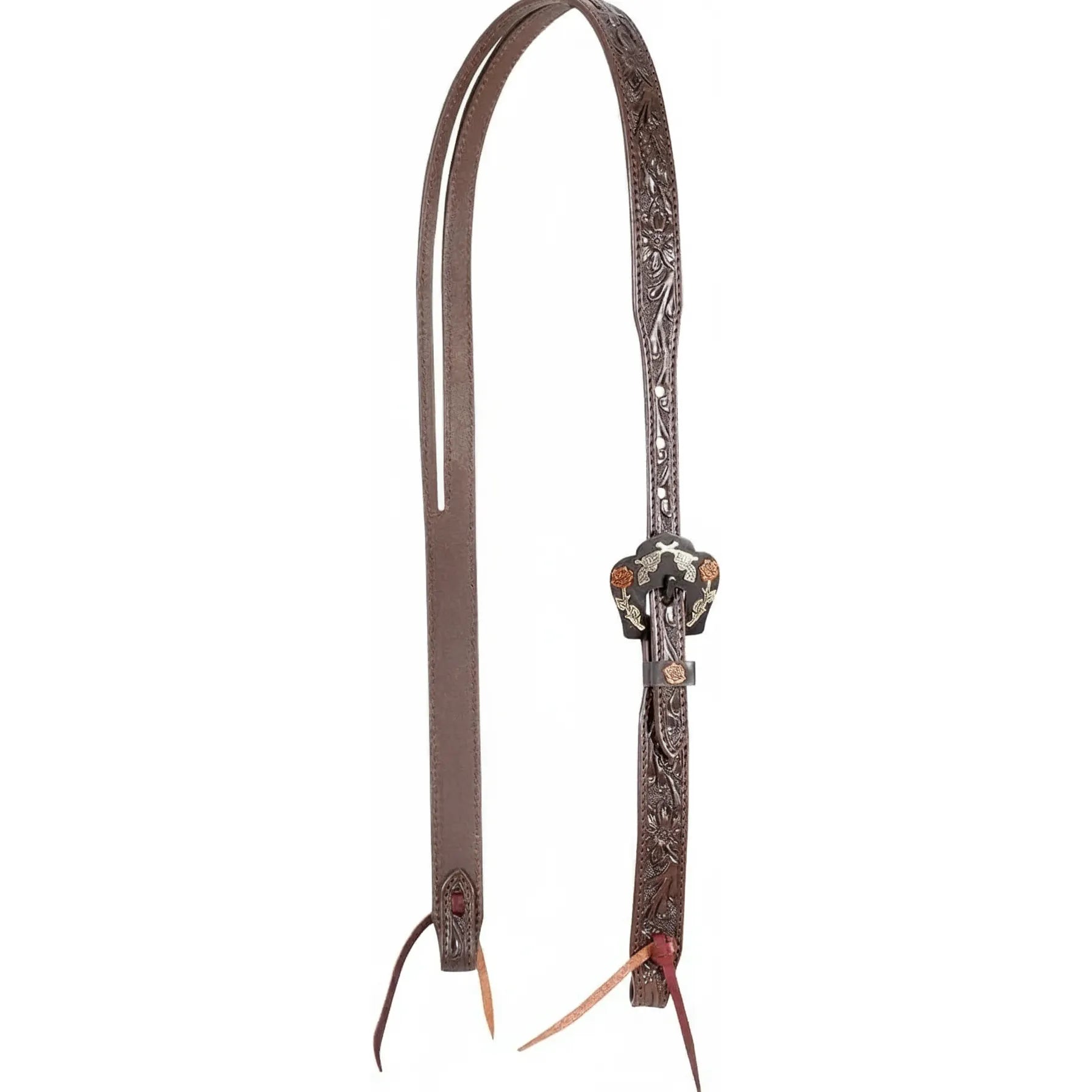 Cashel Chocolate Slip Ear Headstall featuring intricate Desert Flower floral tooling on premium brown leather. This western horse headstall showcases an ornate engraved buckle set with silver and copper floral accents. Complete with tie-bit ends, this stylish piece of tack is perfect for western pleasure, trail riding, or competition. Elegant craftsmanship for the discerning equestrian.