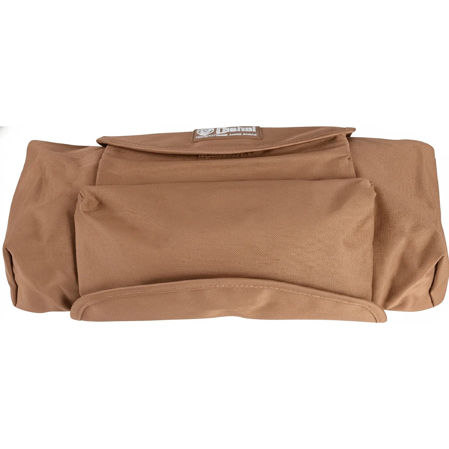Cashel Deluxe Cantle Bag in brown, crafted from durable 1000D water-resistant nylon. This insulated trail riding saddle bag features a large main compartment and a smaller front pocket, both with secure flap closures. Measuring 6"H x 15"W x 4.5"D, it's an essential horse tack accessory for keeping gear dry and drinks cool during long rides. Ideal for trail enthusiasts looking for rugged, reliable equestrian saddle storage.