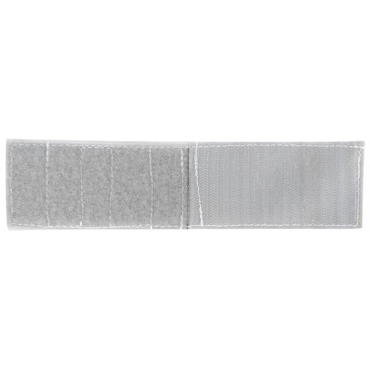 Cashel Fly Mask Extender - 5 Inch Hook-and-Loop Jaw Extension in light gray. This durable horse tack accessory features segmented loop sections and a secure hook fastener with reinforced white stitching. Perfect for customizing the fit of equine fly masks, ensuring comfort and protection for horses with larger jaws or unique sizing needs. High-quality gray fly mask strap extension for a secure, adjustable fit.
