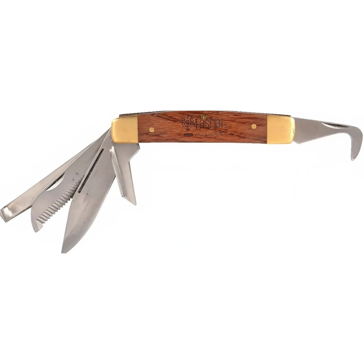 Cashel Horseman's Multi-Tool Knife featuring a polished wood handle with brass bolsters and stainless steel equestrian tools. This 5-in-1 horse grooming accessory includes a hooked hoof pick, serrated frog knife, bot knife, standard knife blade, and hole enlarger punch. A versatile and compact folding pocket tool for daily horse care, hoof maintenance, and tack repairs, ideal for riders, farriers, and barn owners seeking high-quality horse stable gear.