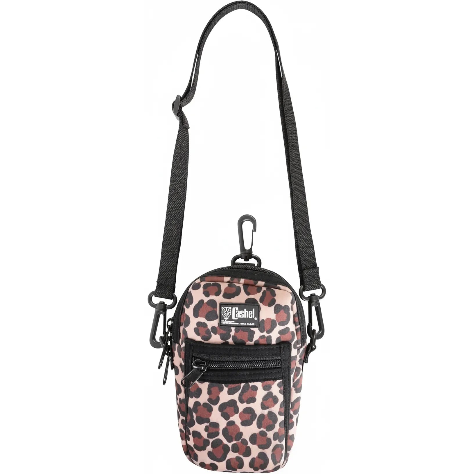 Cashel Leopard Print Phone Holder for Horseback Riding. Stylish water-resistant neoprene case with a brown and black leopard pattern. Features an adjustable, detachable black crossbody strap, a front zippered pocket, and a top swivel clip for attaching to a saddle or belt loop. Designed to fit large smartphones, this functional equestrian phone pouch is perfect for trail riding and outdoor activities.