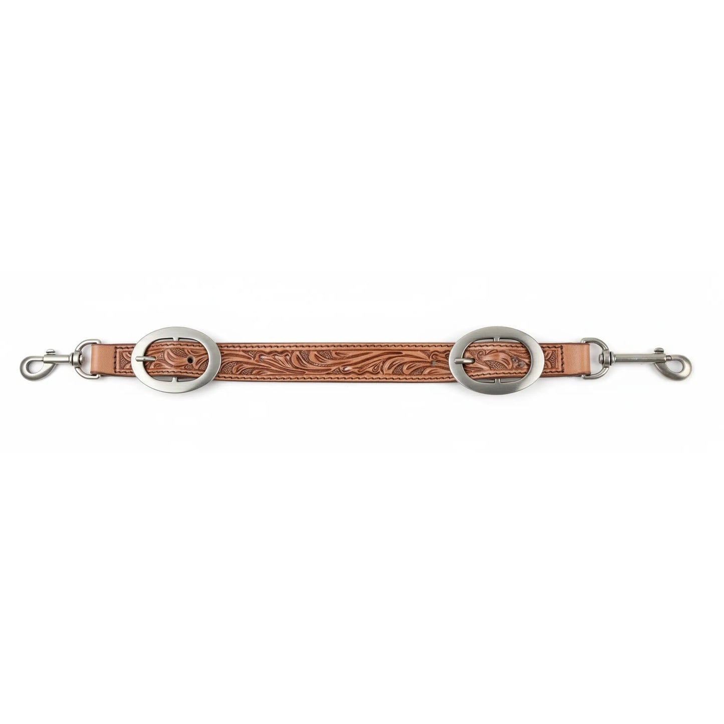 Cashel Natural Floral Tooled Leather Wither Strap, a handcrafted Western horse tack essential for stabilizing breast collars. This premium tan leather strap features intricate hand-tooled floral patterns, two adjustable silver-finish oval buckles, and heavy-duty swivel snaps on each end. A stylish and functional addition to any Western saddle rig, perfect for ranching, trail riding, or competition.