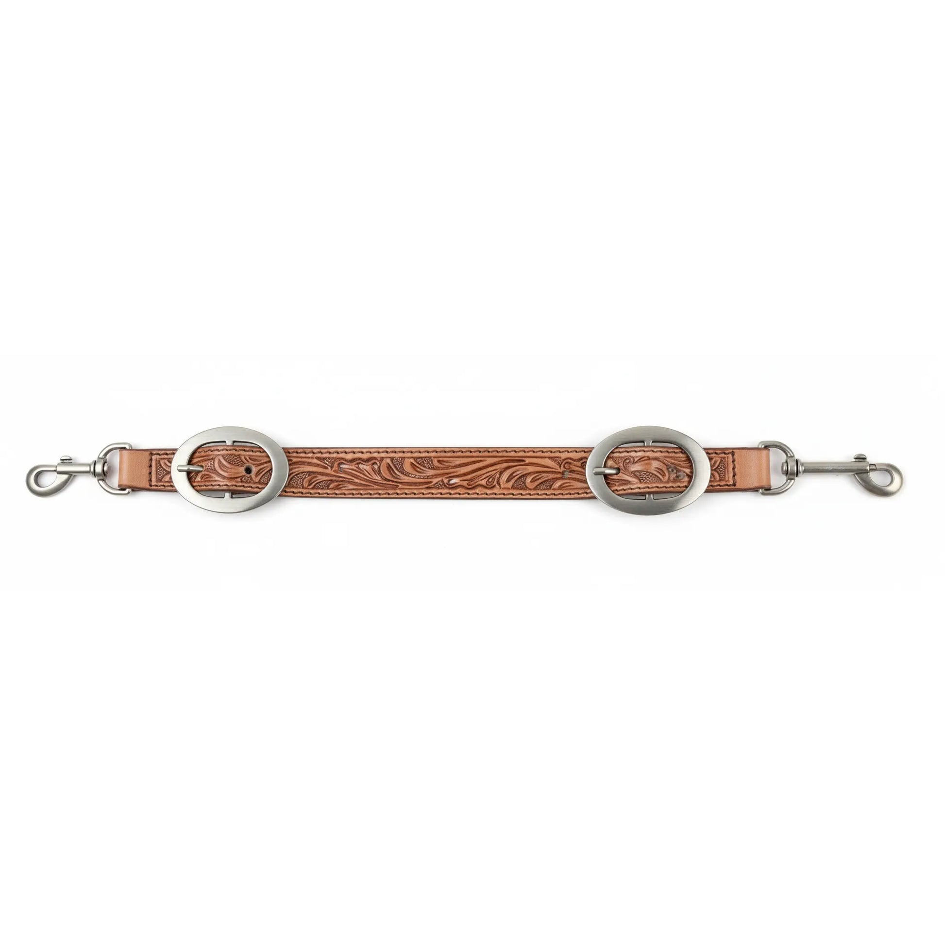 Cashel Natural Floral Tooled Leather Wither Strap, a handcrafted Western horse tack essential for stabilizing breast collars. This premium tan leather strap features intricate hand-tooled floral patterns, two adjustable silver-finish oval buckles, and heavy-duty swivel snaps on each end. A stylish and functional addition to any Western saddle rig, perfect for ranching, trail riding, or competition.