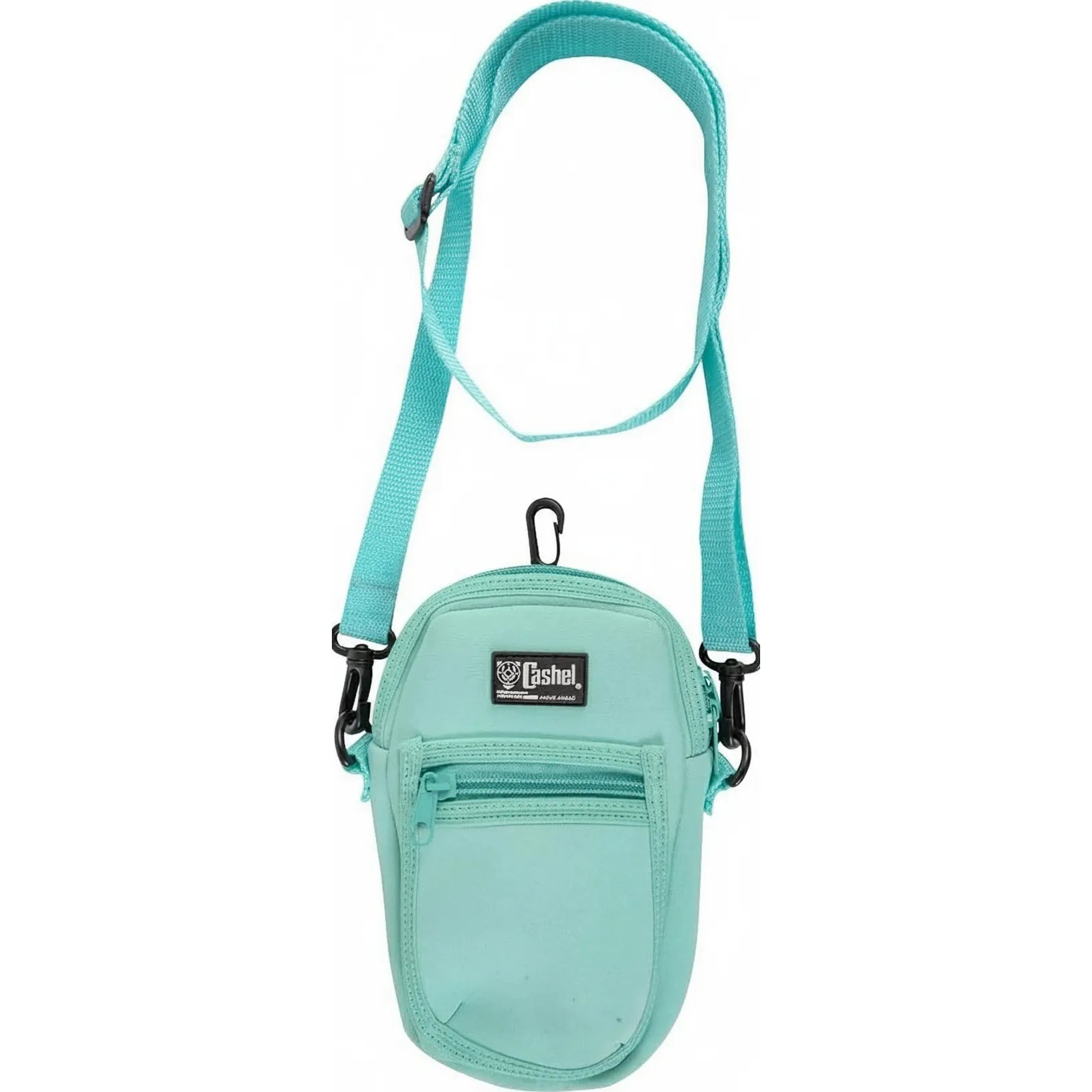 Cashel Neoprene Phone Holder in Mint, a water-resistant equestrian cell phone case designed for horse riders. This mint green crossbody pouch features two zippered pockets, a detachable adjustable shoulder strap, and a black swivel saddle clip for secure attachment while riding. Durable neoprene material protects your phone from the elements during barn chores or trail rides.