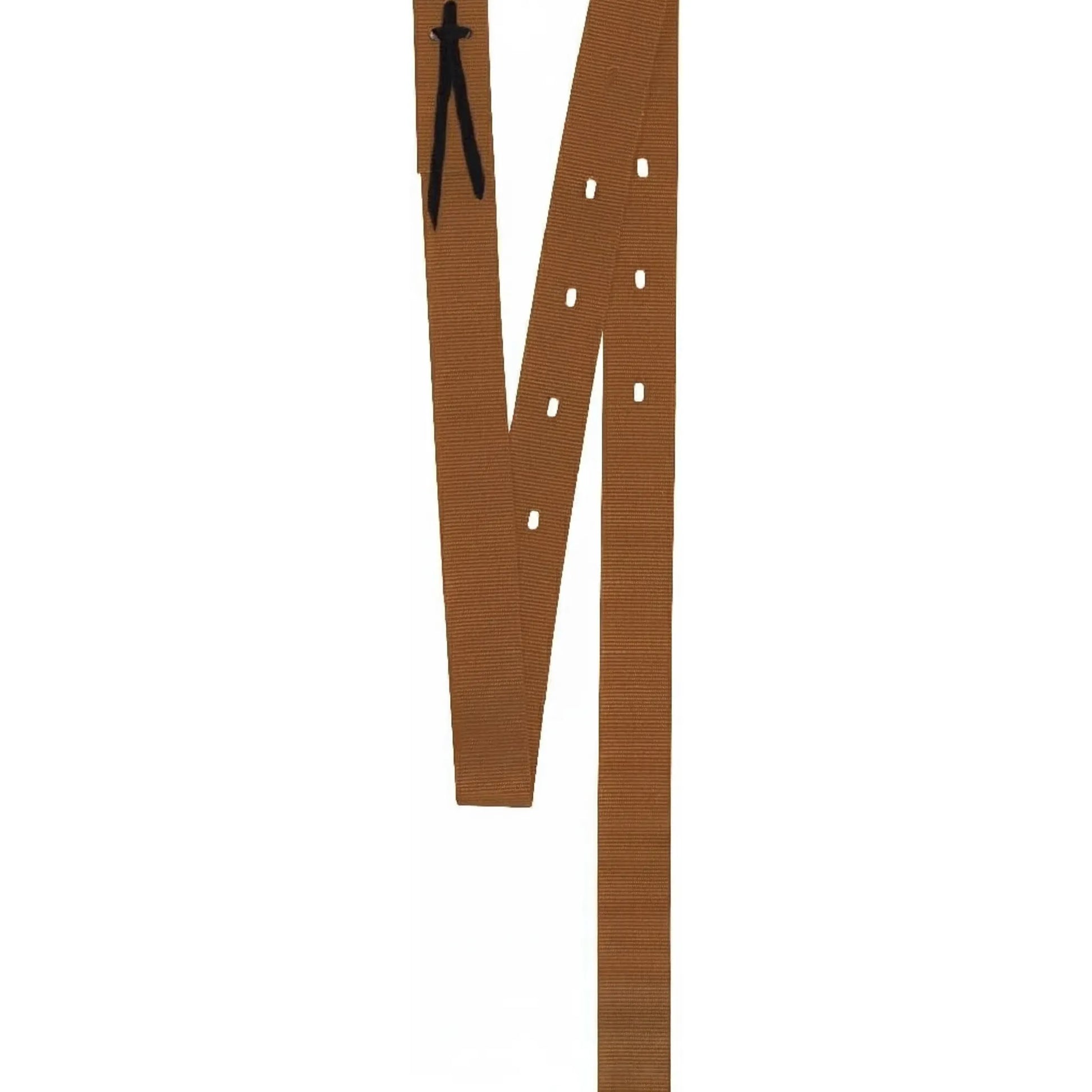 Cashel Nylon Latigo Tie Strap in brown, a heavy-duty and weather-resistant cinch strap for western horse saddles. Features single-stitched construction, pre-punched holes for easy adjustment, and a black leather tie for secure rigging. This durable nylon equestrian gear is an essential tack accessory for reliable horse riding performance.