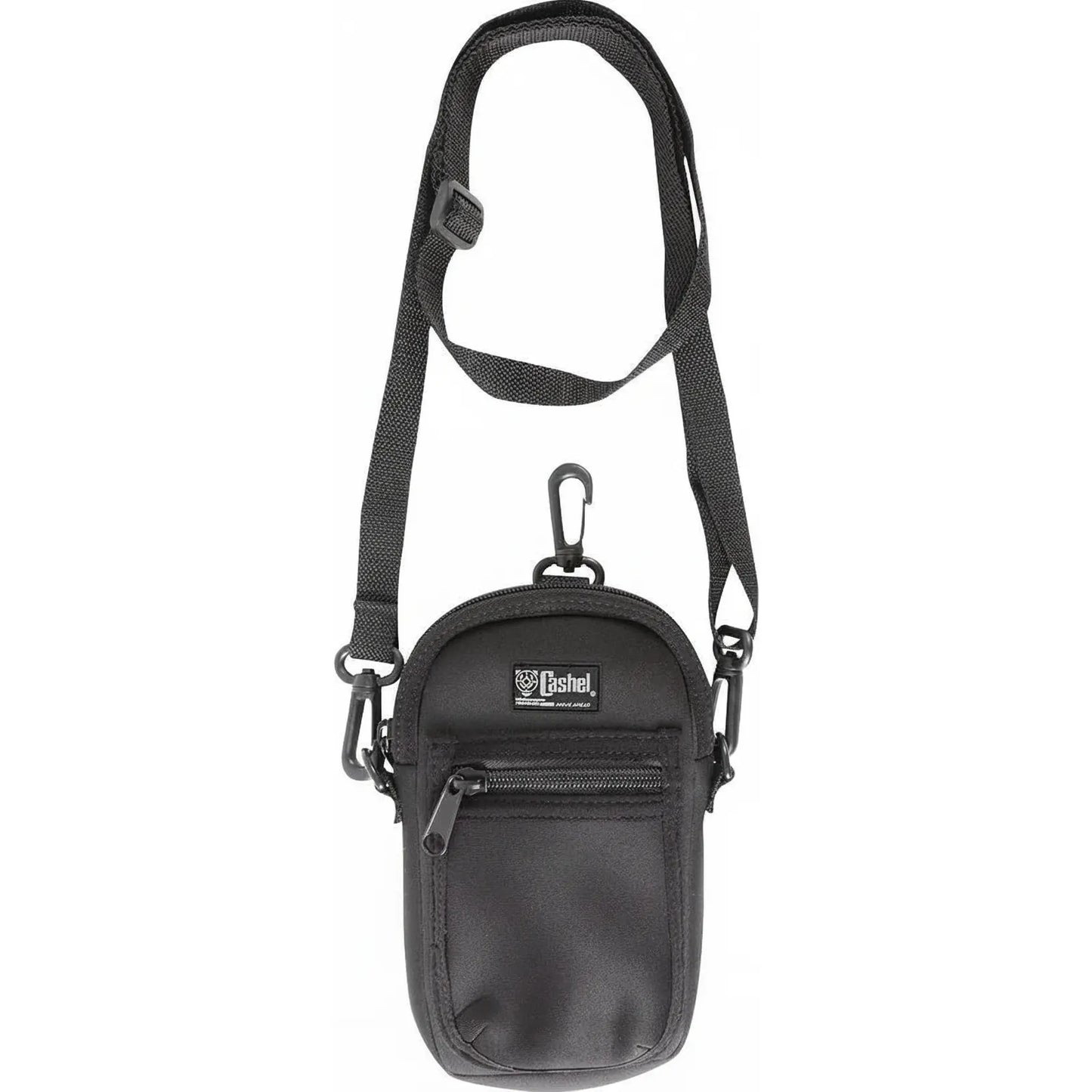 Black Cashel Phone Holder made of water-resistant neoprene with a front zippered pocket and Cashel logo. This versatile pouch features an adjustable, removable crossbody strap and a top carabiner clip for easy attachment to a saddle, belt, or leg. Specifically designed to fit large smartphones like the iPhone Plus, it's the perfect durable accessory for horse riding and outdoor adventures.
