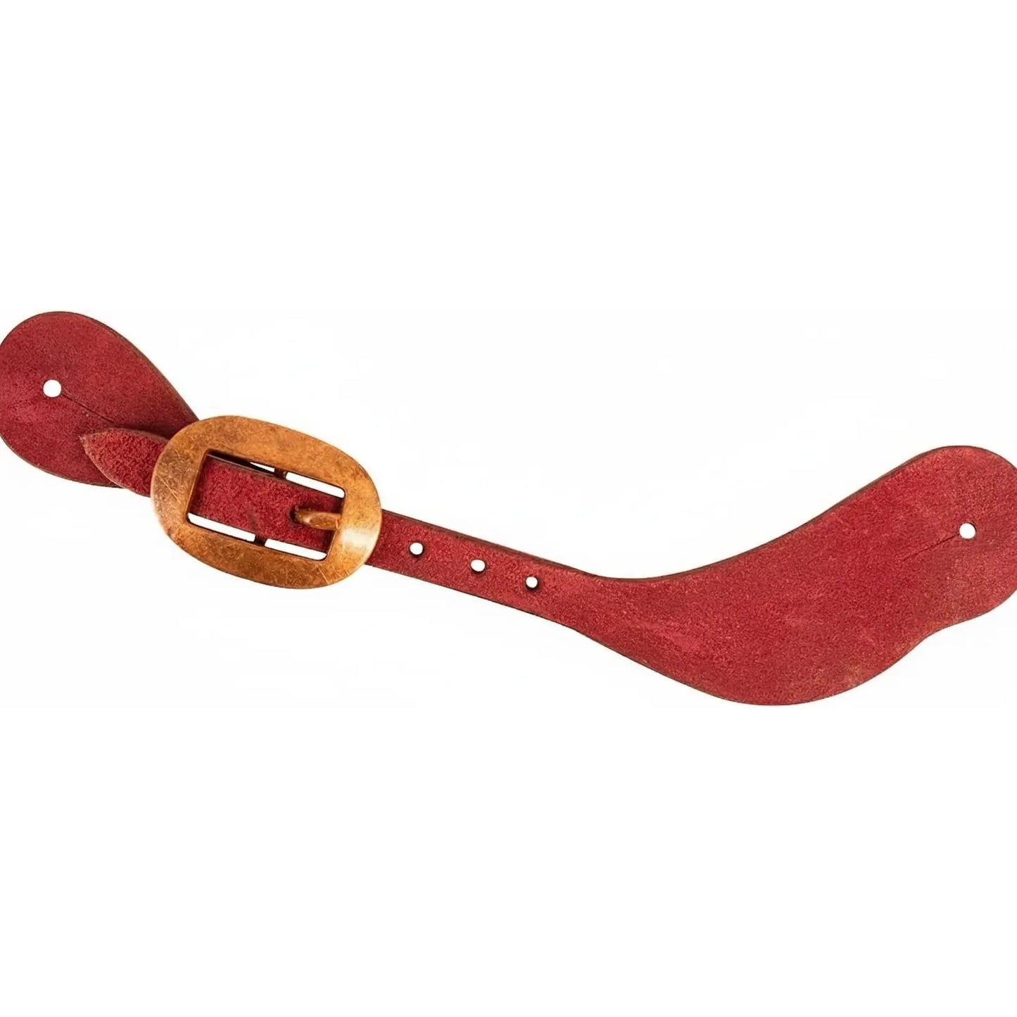 Cashel Roughout Latigo Leather Cowboy Spur Straps with vintage brass-colored cart buckles. These handcrafted adjustable western spur straps feature a deep red hue, rugged textured finish, and teardrop-shaped ends with button holes for secure attachment. Durable, high-quality horse riding gear designed for ranch work or western competition, offering a traditional handcrafted look for any cowboy or cowgirl.