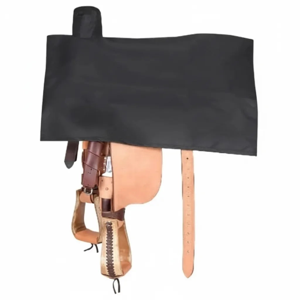 Black Cashel Western Saddle Cover made of durable 600 Denier nylon. This water-resistant, UV-protected cover keeps your leather western saddle safe from dust, rain, and sun damage. Shown over a traditional tan saddle with stirrups, it’s an essential piece of horse tack for any equestrian looking to preserve their gear. Perfect for trail riders and barrel racers needing reliable saddle protection.