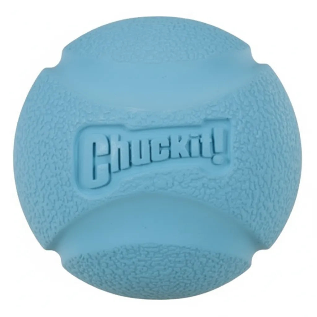 Light blue Chuckit! high-bounce durable rubber dog toy ball for fetch. Featuring a pebbled texture for easy grip and smooth recessed channels, this launcher-compatible ball is designed for active outdoor play. Its high-visibility color and heavy-duty natural rubber construction make it an ideal, long-lasting toy for high-energy dogs and interactive games of catch.