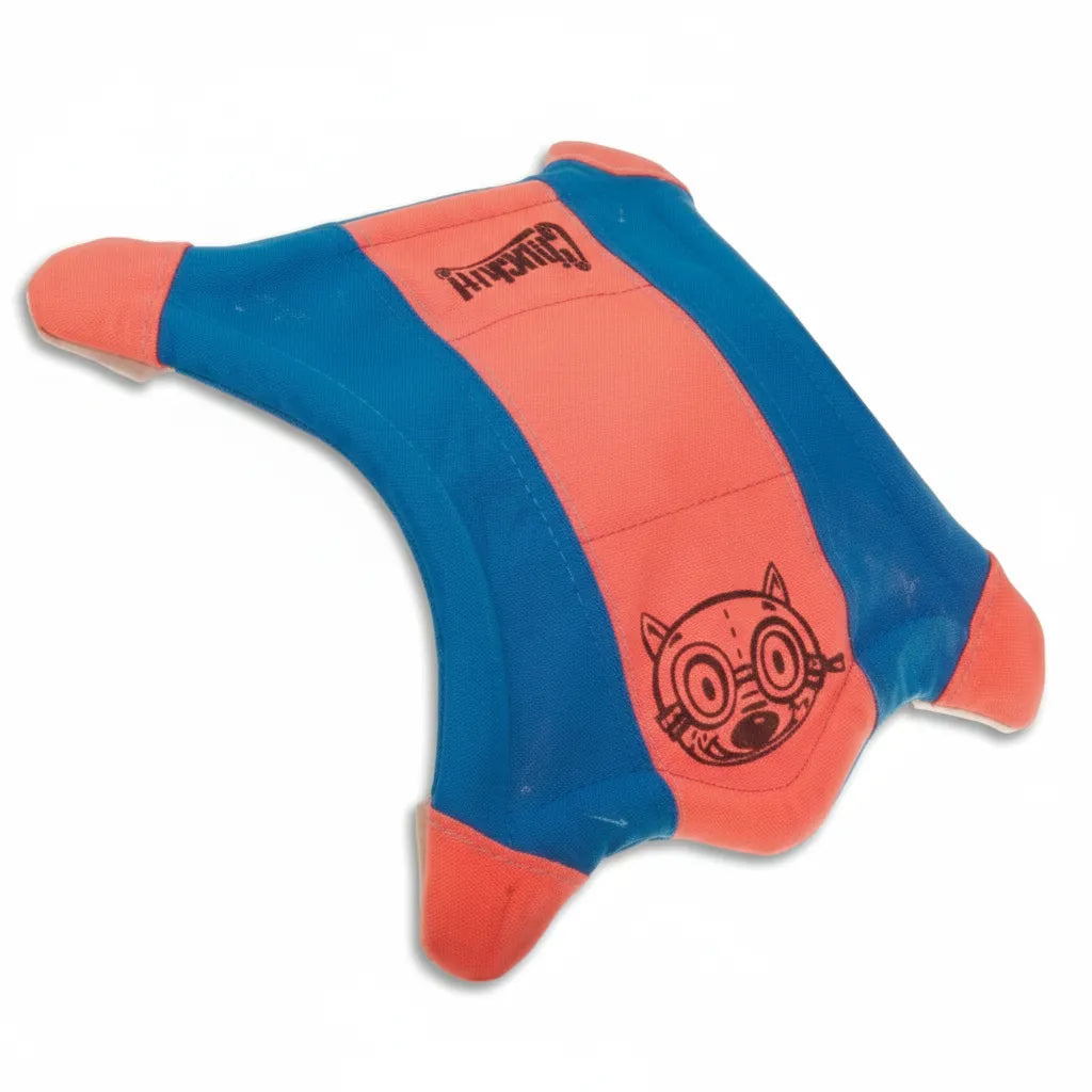 Chuckit! Flying Squirrel Small glow-in-the-dark fetch toy for dogs. This durable, multi-layered fabric dog toy features aerodynamic orange and blue stripes with four glow-in-the-dark paws for nighttime visibility. Designed for long-distance flights and buoyant enough to float, it’s the perfect water toy for the pool or beach. Features the signature Chuckit! logo and a cute cartoon squirrel face. Ideal for high-energy dogs who love land and water fetch.
