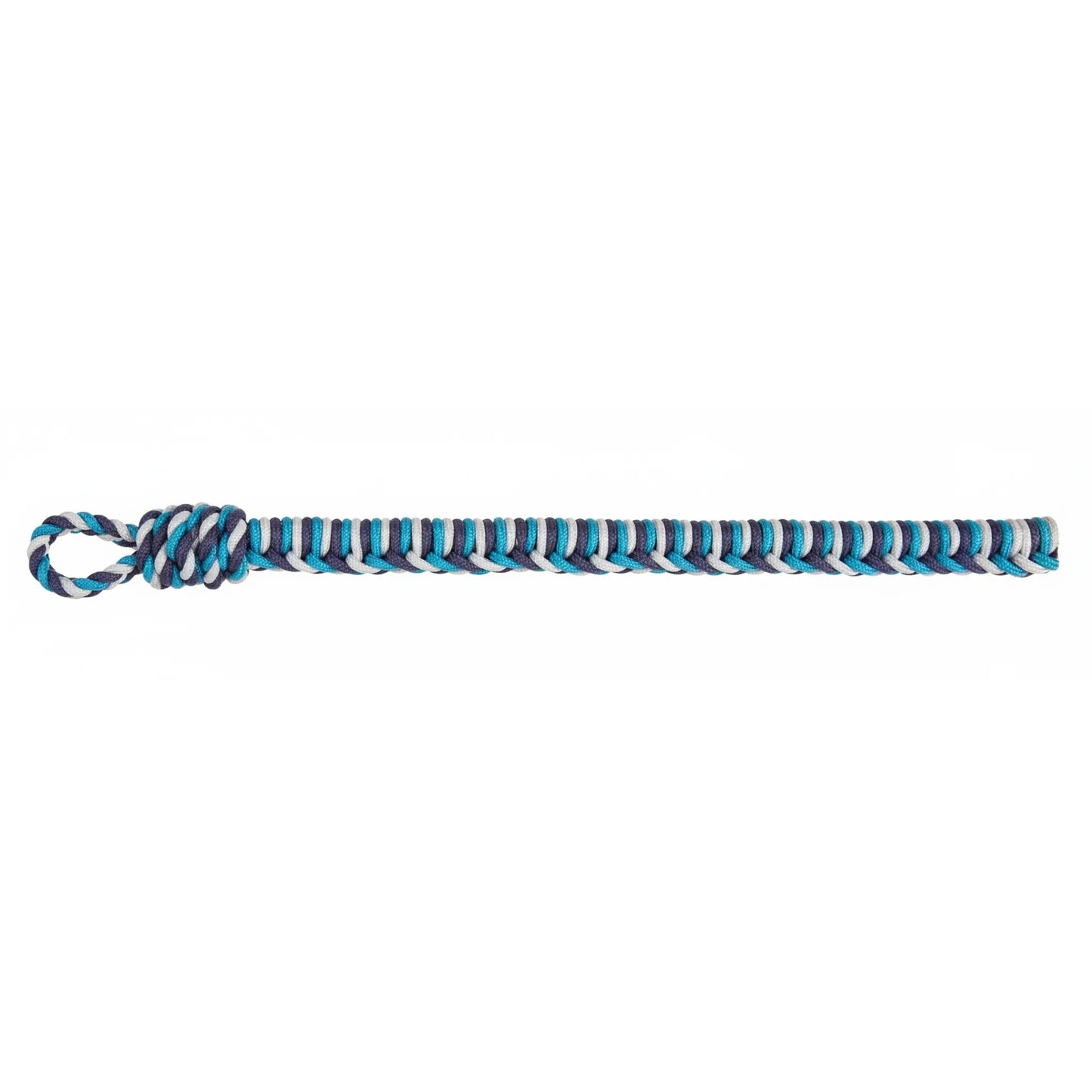 Classic Equine 3-Tone Rope Halter Set in navy, turquoise, and silver. Crafted from UV-resistant, marine-grade cord, this high-performance equestrian rope features a tight, durable braided pattern and a secure loop at the end. Perfect for horse training and everyday handling, this stylish and heavy-duty horse tack is designed for long-lasting use in all weather conditions.