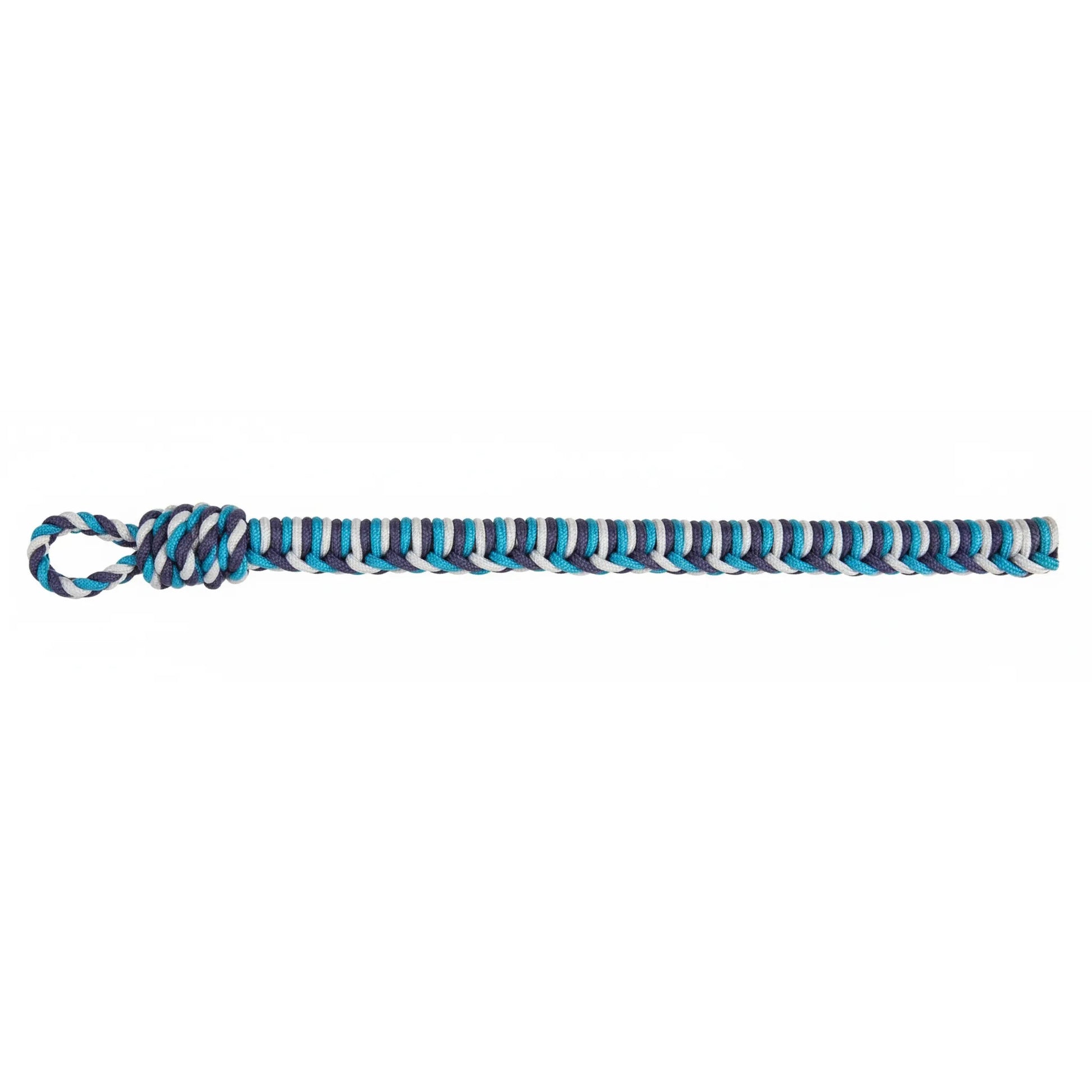 Classic Equine 3-Tone Rope Halter Set in navy, turquoise, and silver. Crafted from UV-resistant, marine-grade cord, this high-performance equestrian rope features a tight, durable braided pattern and a secure loop at the end. Perfect for horse training and everyday handling, this stylish and heavy-duty horse tack is designed for long-lasting use in all weather conditions.