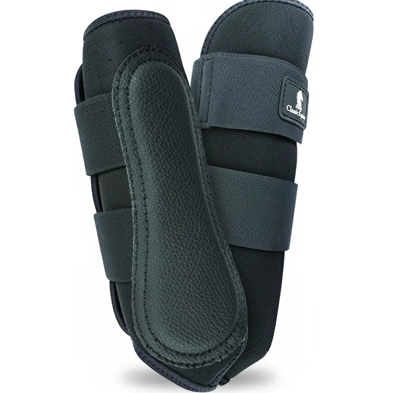 Classic Equine Air Wave EZ Wrap II black horse boots designed for elite splint and tendon protection. These breathable equestrian leg wraps feature a heavy-duty leather splint pad and secure hook-and-loop EZ Wrap closures. Engineered for maximum airflow and impact resistance, they are essential protective gear for performance horses. Available in multiple sizes for a perfect fit during training or competition.