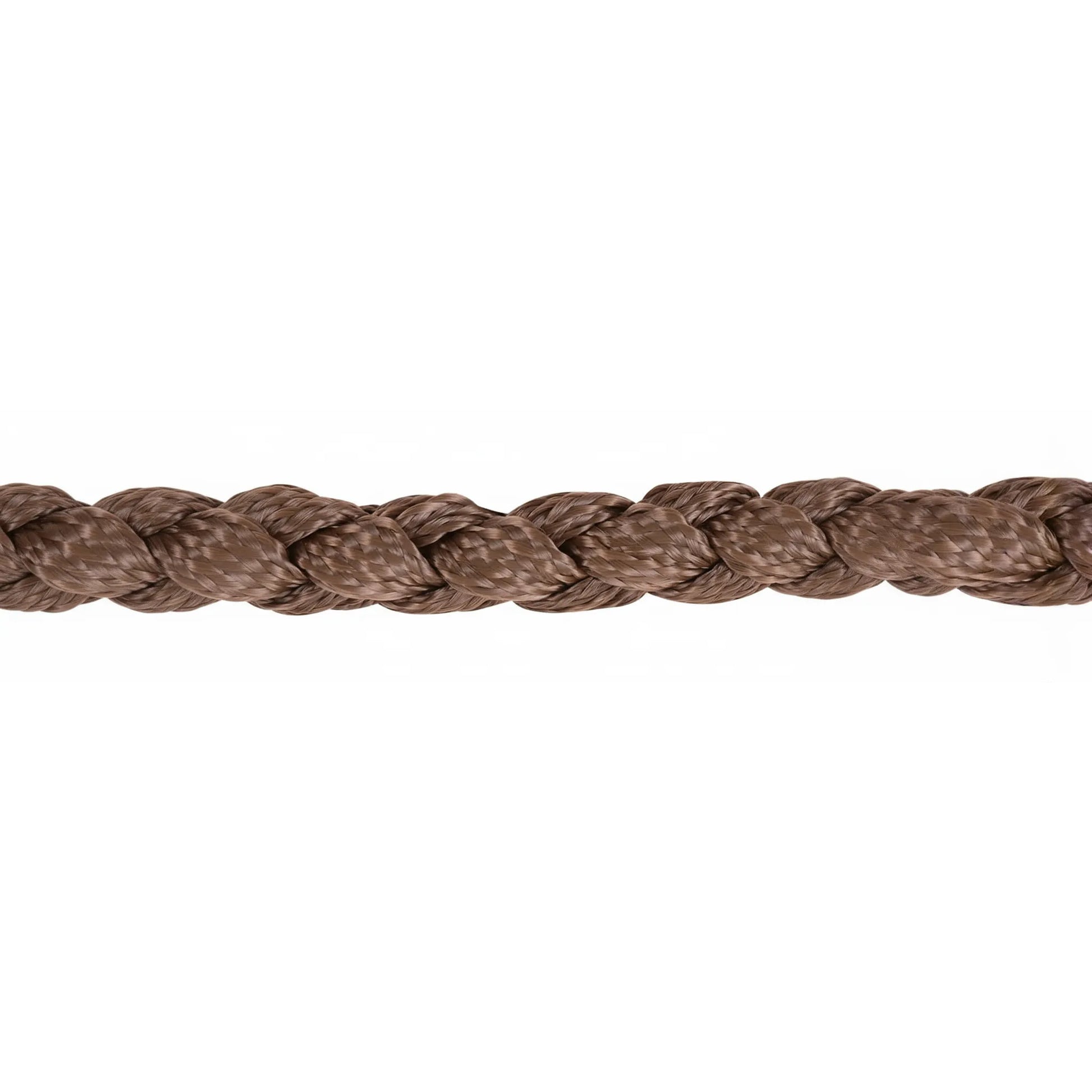 Close-up of a durable brown braided lead rope from the Classic Equine Braided Halter set. Features a thick, UV-protected 8-foot weave perfect for horse handling and training. Essential high-quality equestrian tack for horse owners and riders looking for reliable gear.