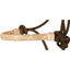 Classic Equine Braided Rawhide Rope Halter featuring a natural tan, hand-braided rawhide noseband for added control. The durable chocolate brown rope is shown with professional knotting details, highlighting the high-quality craftsmanship of this western horse tack. Ideal for ground work and training, this premium halter offers a traditional look for trail riding or show prep.