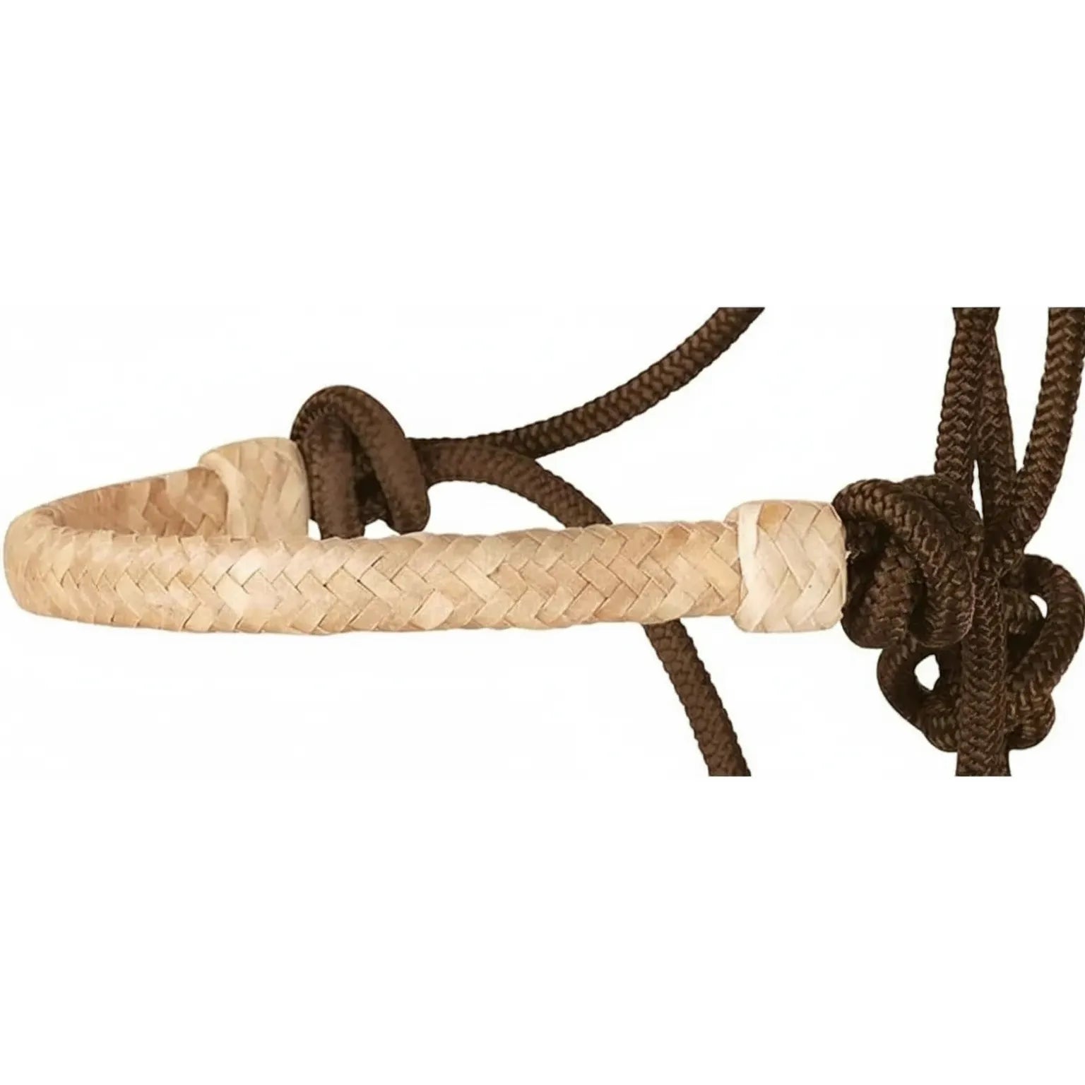 Classic Equine Braided Rawhide Rope Halter featuring a natural tan, hand-braided rawhide noseband for added control. The durable chocolate brown rope is shown with professional knotting details, highlighting the high-quality craftsmanship of this western horse tack. Ideal for ground work and training, this premium halter offers a traditional look for trail riding or show prep.