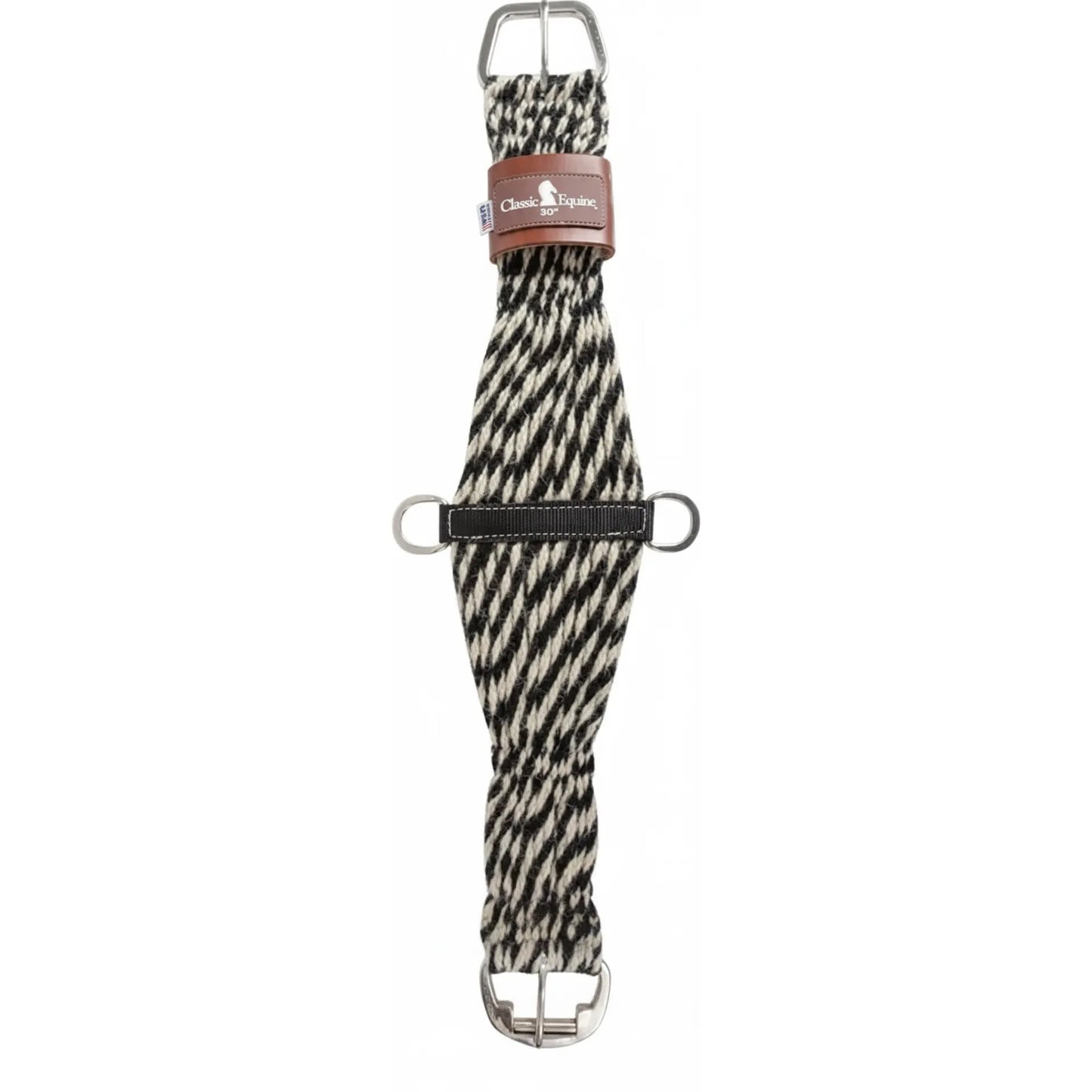 Classic Equine Colored Twist 100% Mohair Horse Cinch with a black and white twisted cord pattern. This durable western cinch features a stainless steel roller buckle for easy tightening, center D-rings on a black nylon strap, and a brown leather logo keeper. Ideal for horse comfort and performance, this natural fiber mohair girth is perfect for western saddles and trail riding.