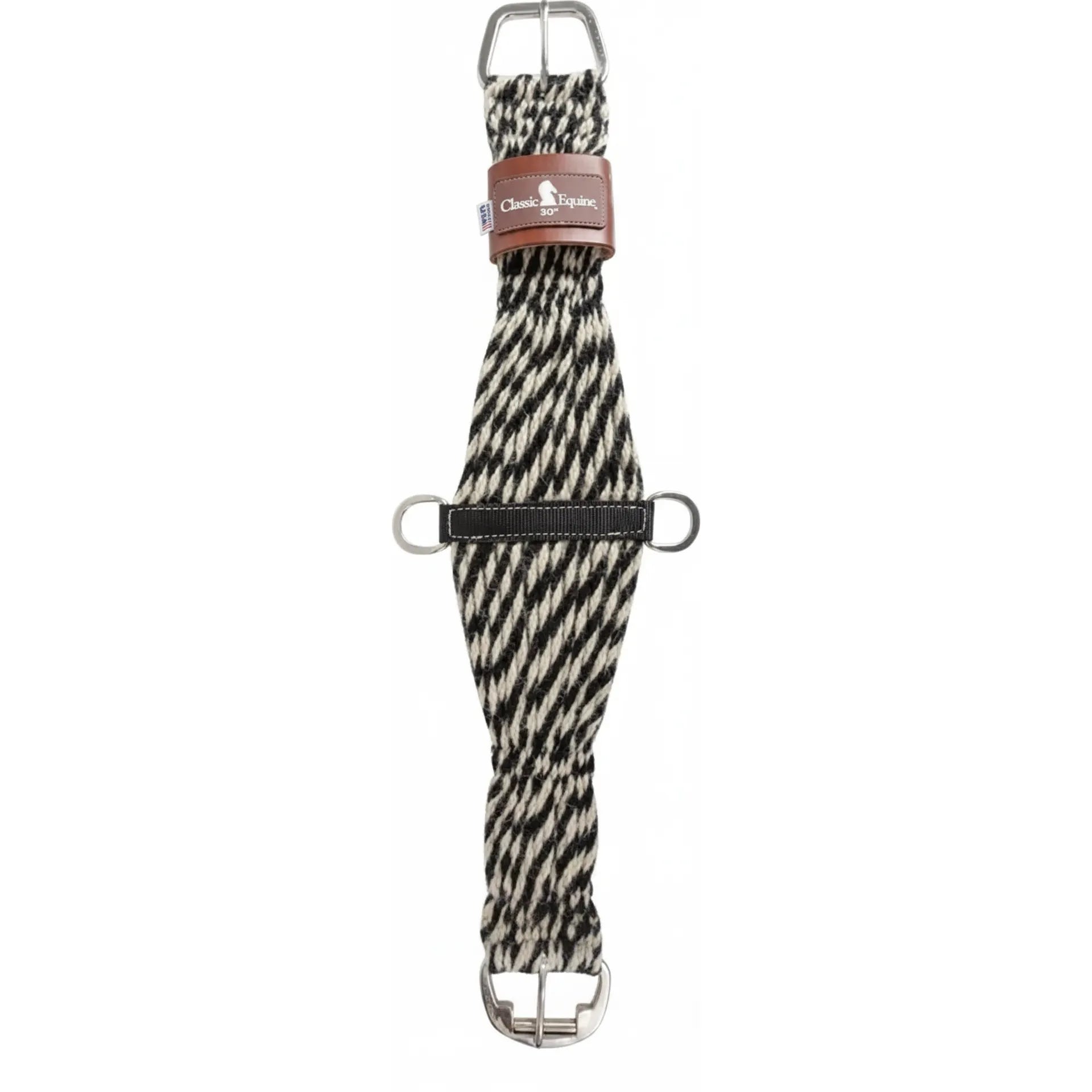 Classic Equine Colored Twist 100% Mohair Horse Cinch with a black and white twisted cord pattern. This durable western cinch features a stainless steel roller buckle for easy tightening, center D-rings on a black nylon strap, and a brown leather logo keeper. Ideal for horse comfort and performance, this natural fiber mohair girth is perfect for western saddles and trail riding.