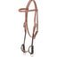Classic Equine Copper Lifesaver O-Ring Draw Bit HBDDB323 on a light brown leather headstall. This professional western training bit features a 3-piece copper-wrapped mouthpiece with a central lifesaver ring and dark nylon draw ropes. Designed for enhanced responsiveness and communication, it's a top choice for horse trainers and western performance riders seeking high-quality equestrian tack with durable stainless steel hardware.