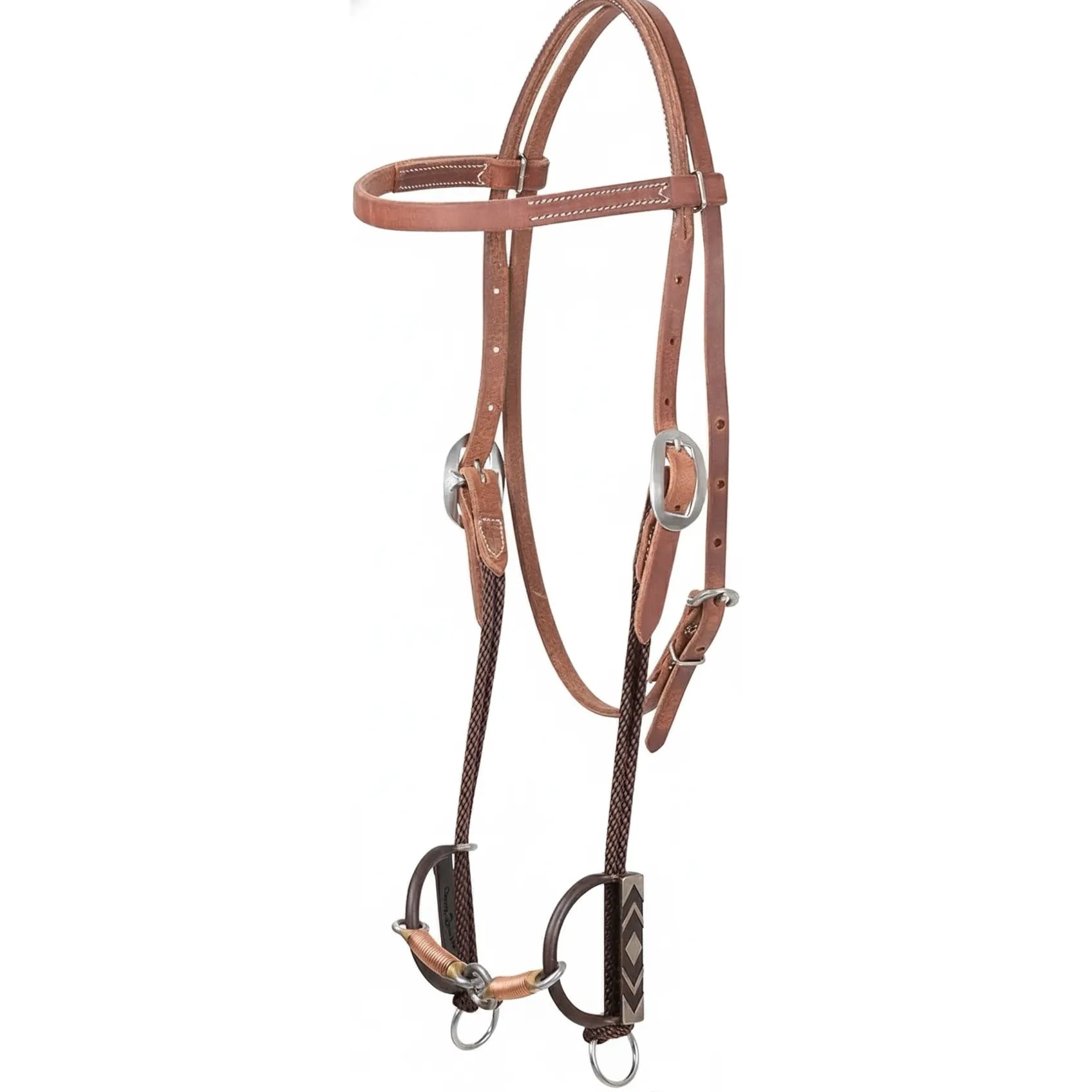 Classic Equine Copper Lifesaver O-Ring Draw Bit HBDDB323 on a light brown leather headstall. This professional western training bit features a 3-piece copper-wrapped mouthpiece with a central lifesaver ring and dark nylon draw ropes. Designed for enhanced responsiveness and communication, it's a top choice for horse trainers and western performance riders seeking high-quality equestrian tack with durable stainless steel hardware.